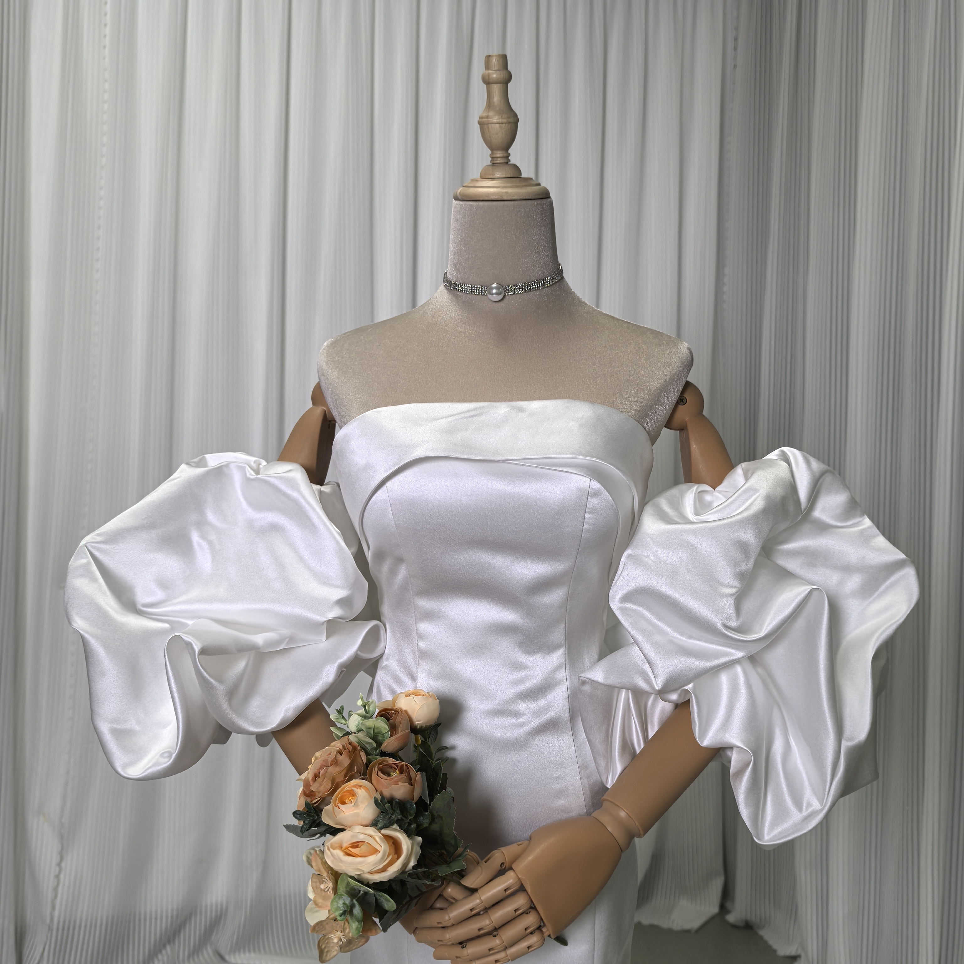 ウェディングドレス ベアトップ パフスリーブ マーメイドライン リボン デザイン感 編み上げ 結婚式