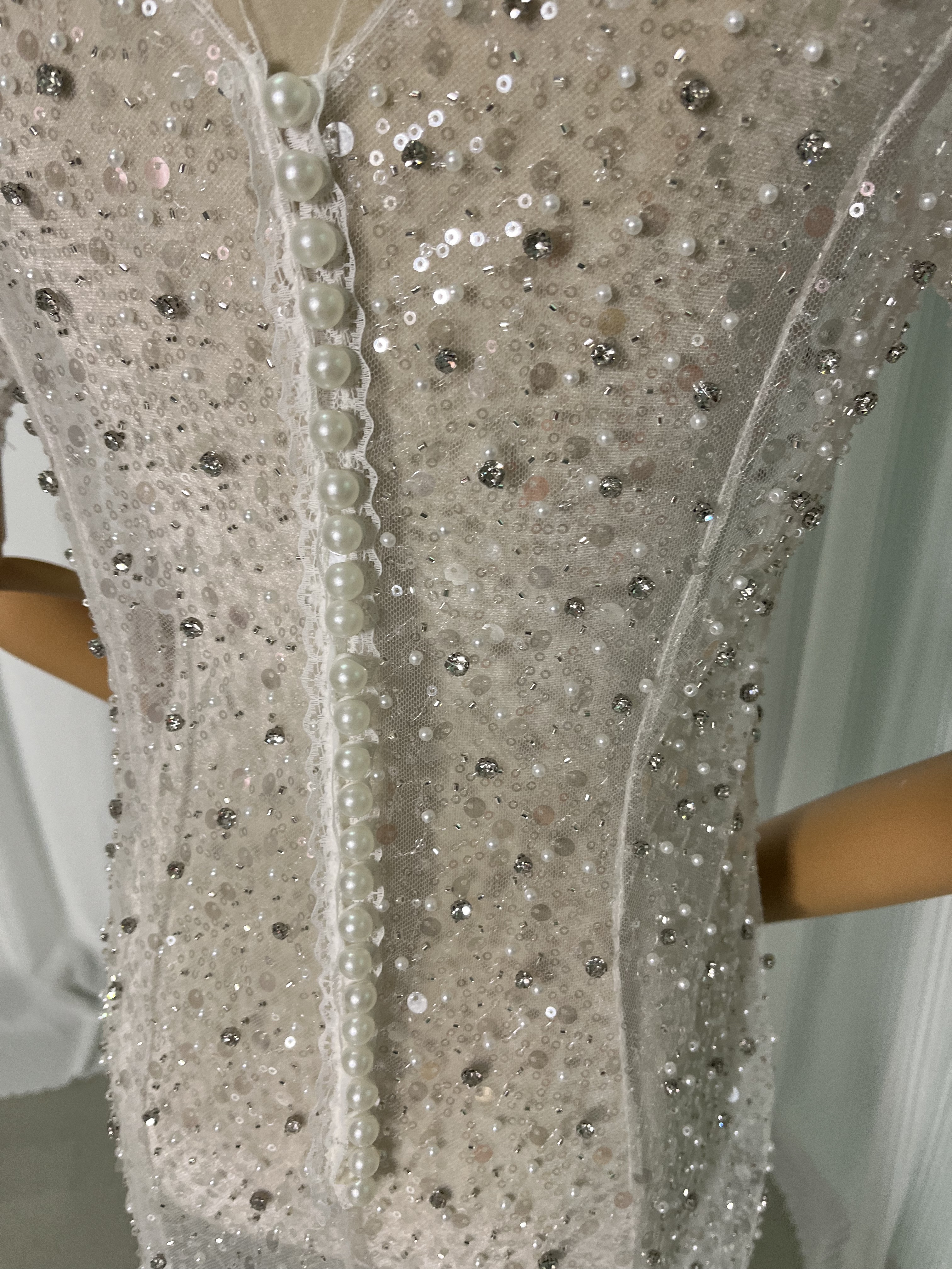 オーバードレス ウエディングドレス 半袖 マーメイドライン キラキラスパンコール ビーズ 結婚式