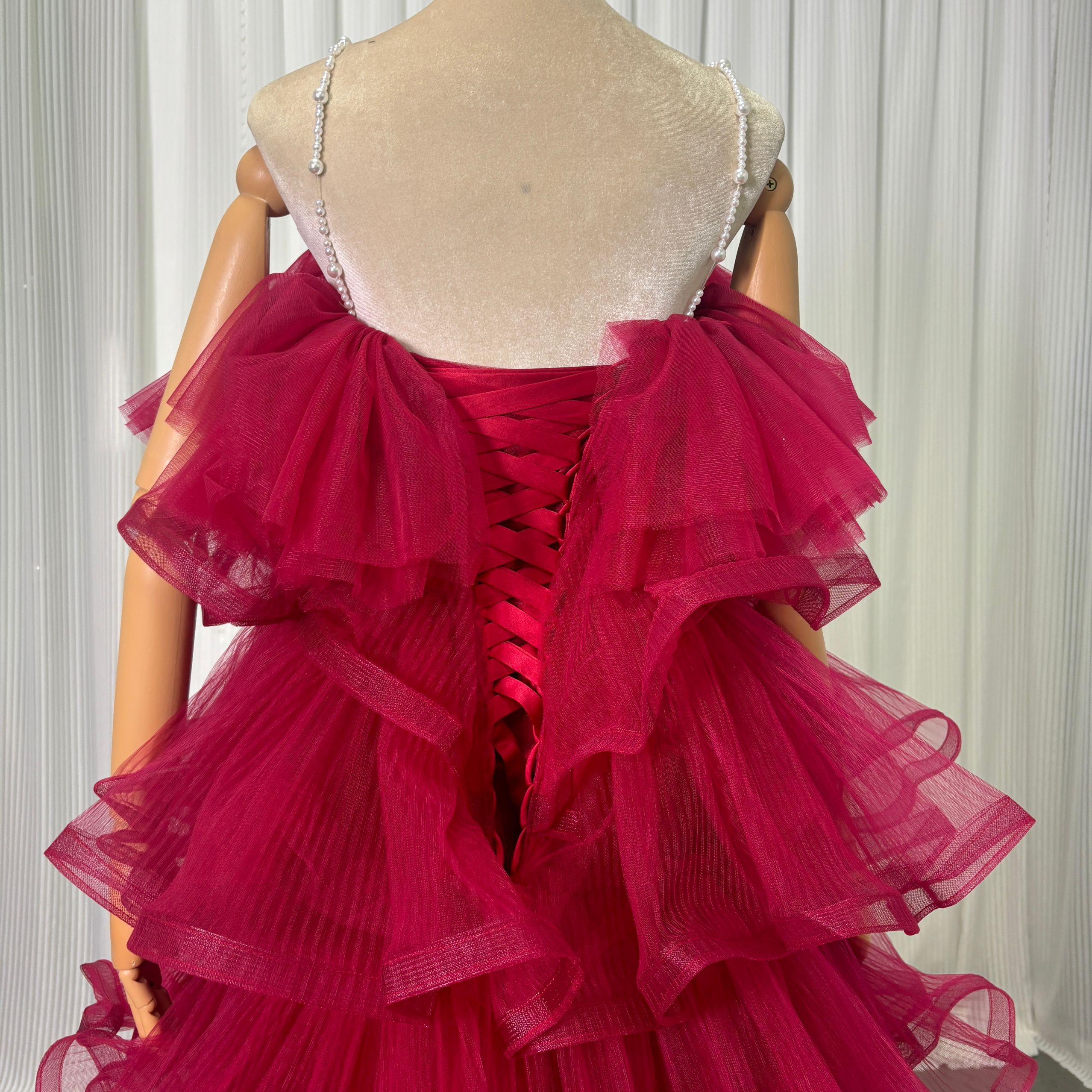 カラードレス ボルドー色 ビーズキャミソール ティアードのドレス ロング ラッフルフリル 前撮り 二次会