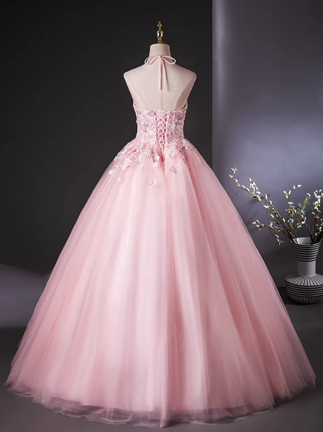 上品！カラードレス ピンク ホルターネック 花モチーフ フレアスカート 編み上げ ロング 披露宴