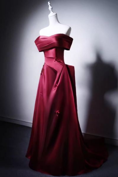 カラードレス ボルドー色 オフショルダー 光沢サテン リボン エレガント ミニトレーン 発表会