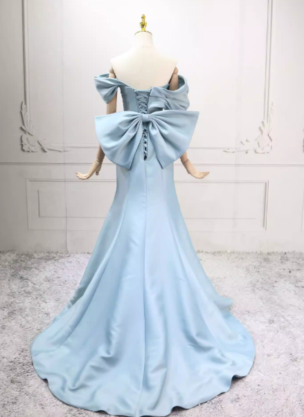 カラードレス ブルー オフショルダー ハンドドレープ マーメイドライン 豪華なバックリボン 編み上げ 演奏会