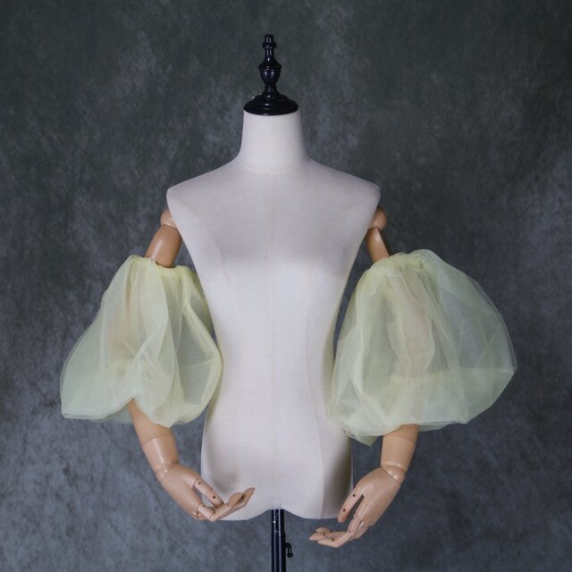 実例写真！イエロー取り外し袖 ソフトチュール ショルダーの付け袖 パフスリーブ オーダー可能