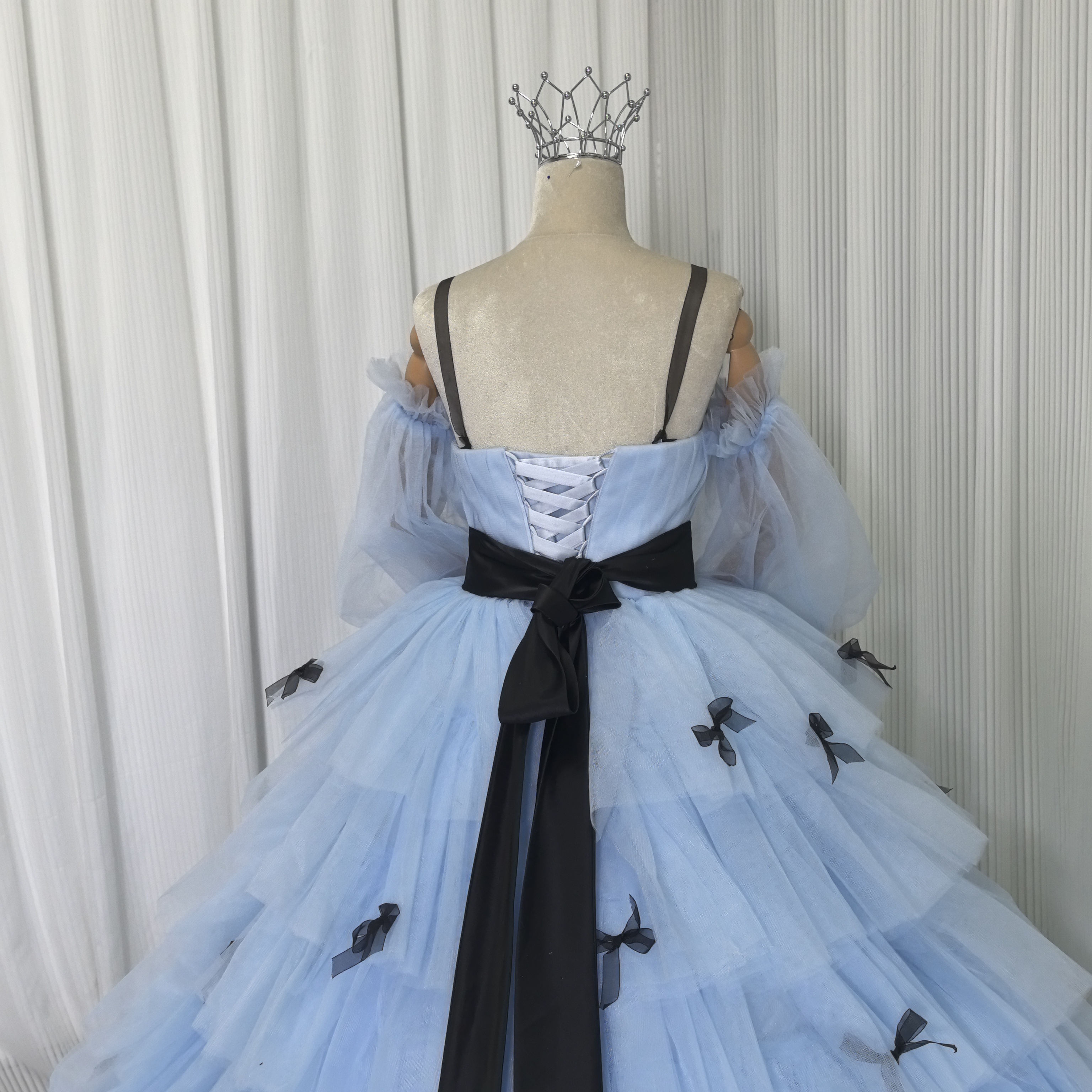 カラードレス ブルー ベアトップ シースルー袖 リボン 姫袖 プリンセスライン チュールドレス 花嫁