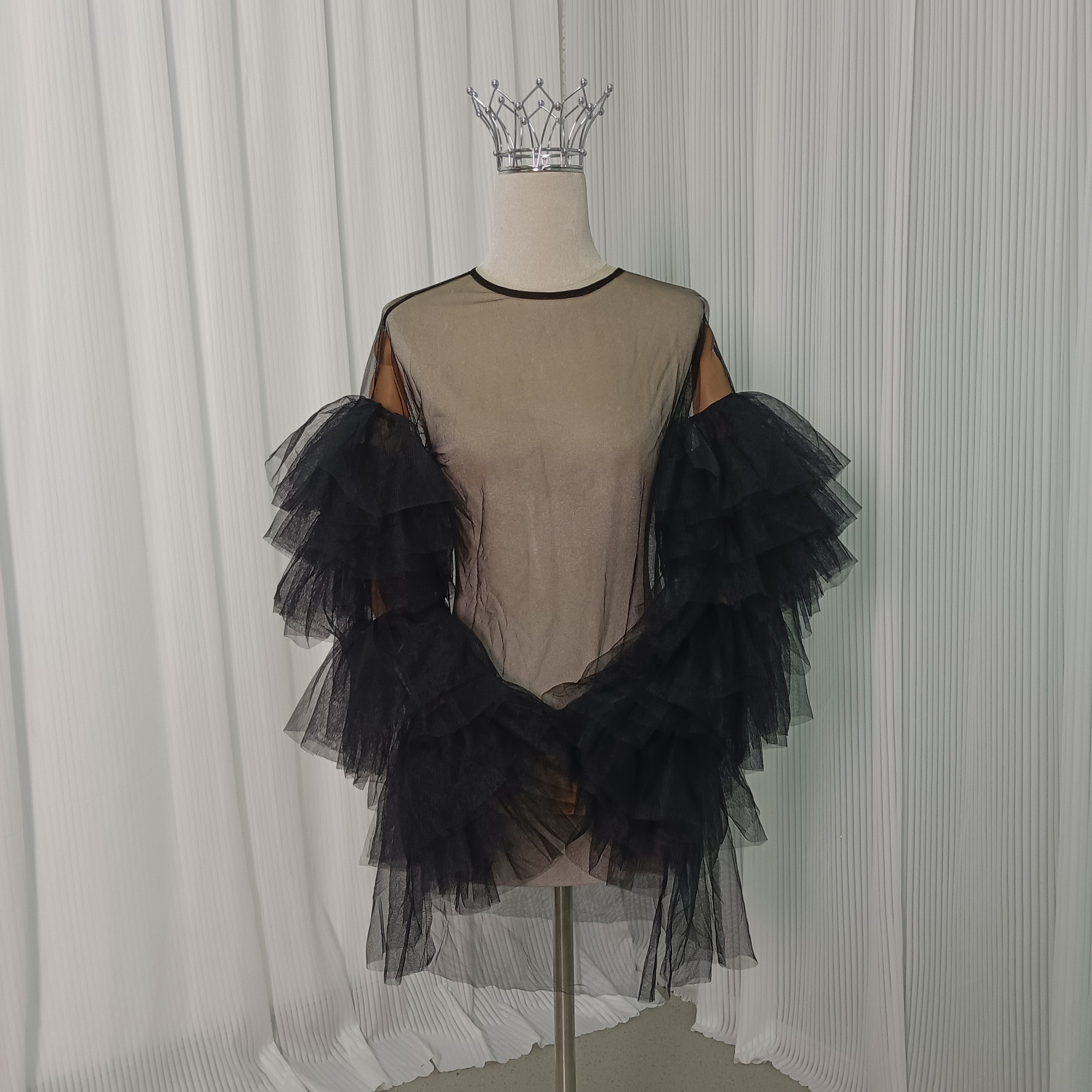 トップス ブラック ソフトチュール レイヤードドレス ロングスリーブ カーディガン 披露宴