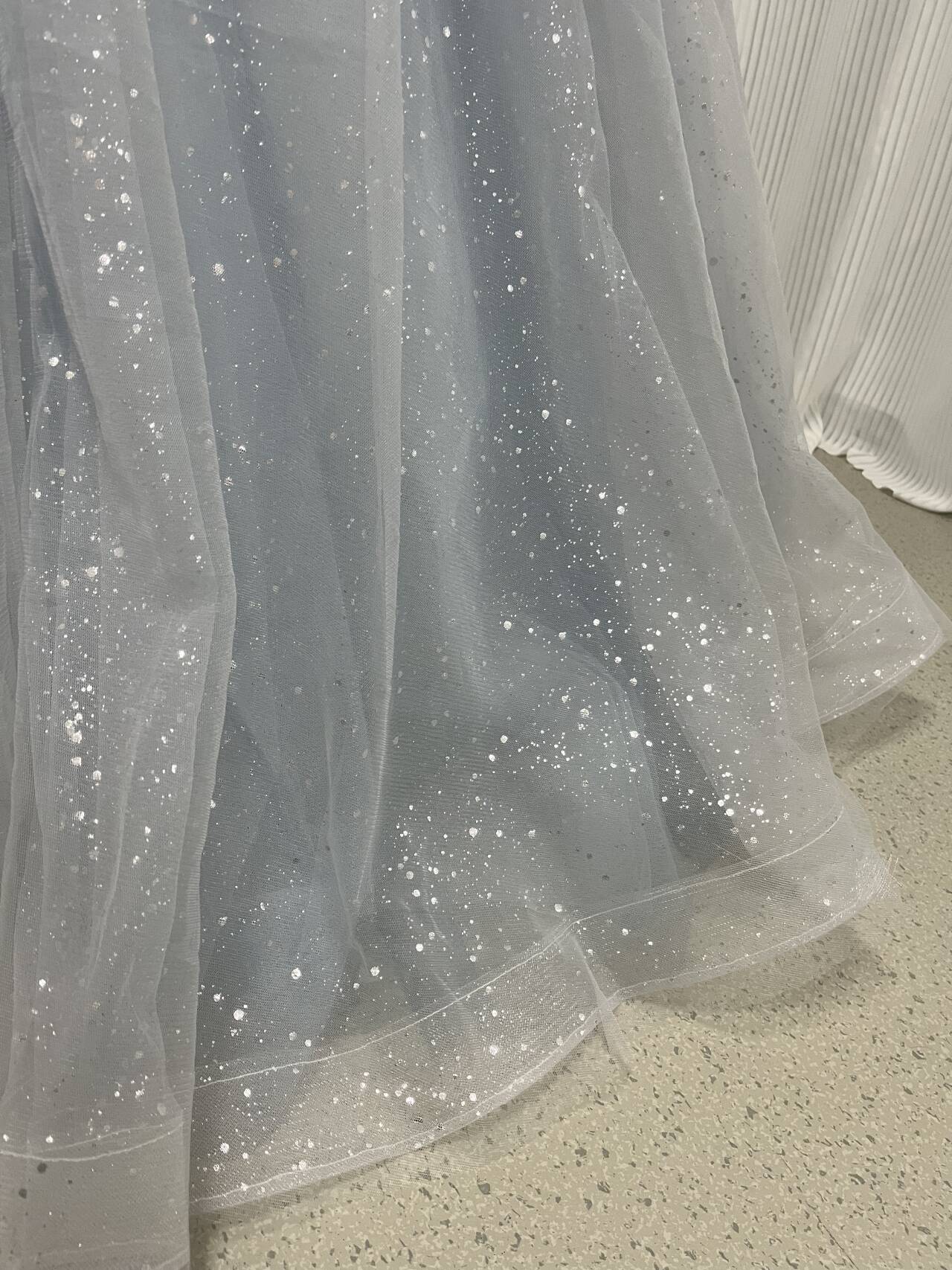 カラードレス ブルーグレー ベアトップ ソフトチュール 取り外しふわふわ袖 前撮り 結婚式