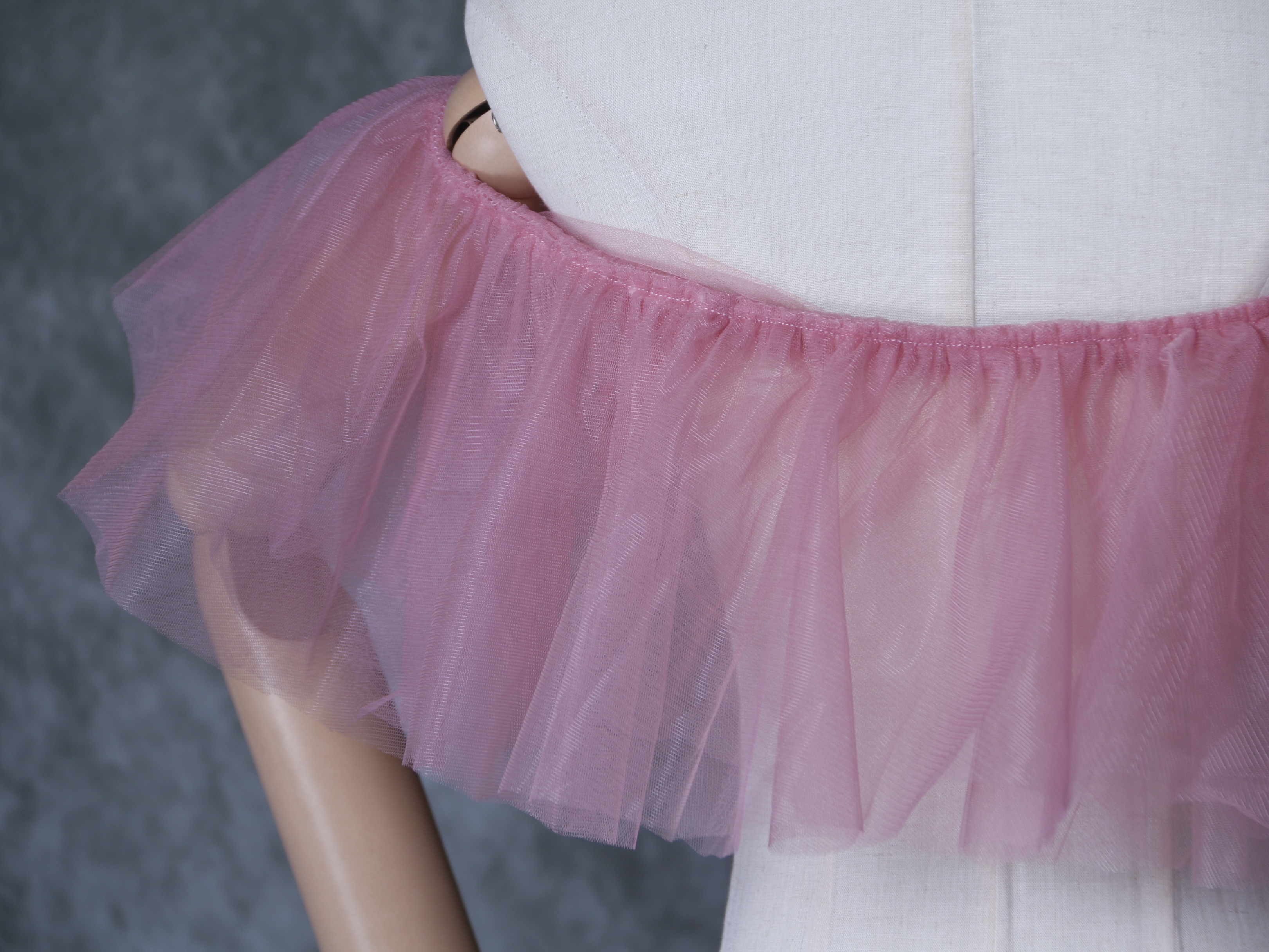 オフショルダー ピンク ソフトチュール デザイン感 ストレッチ ウエディングドレス