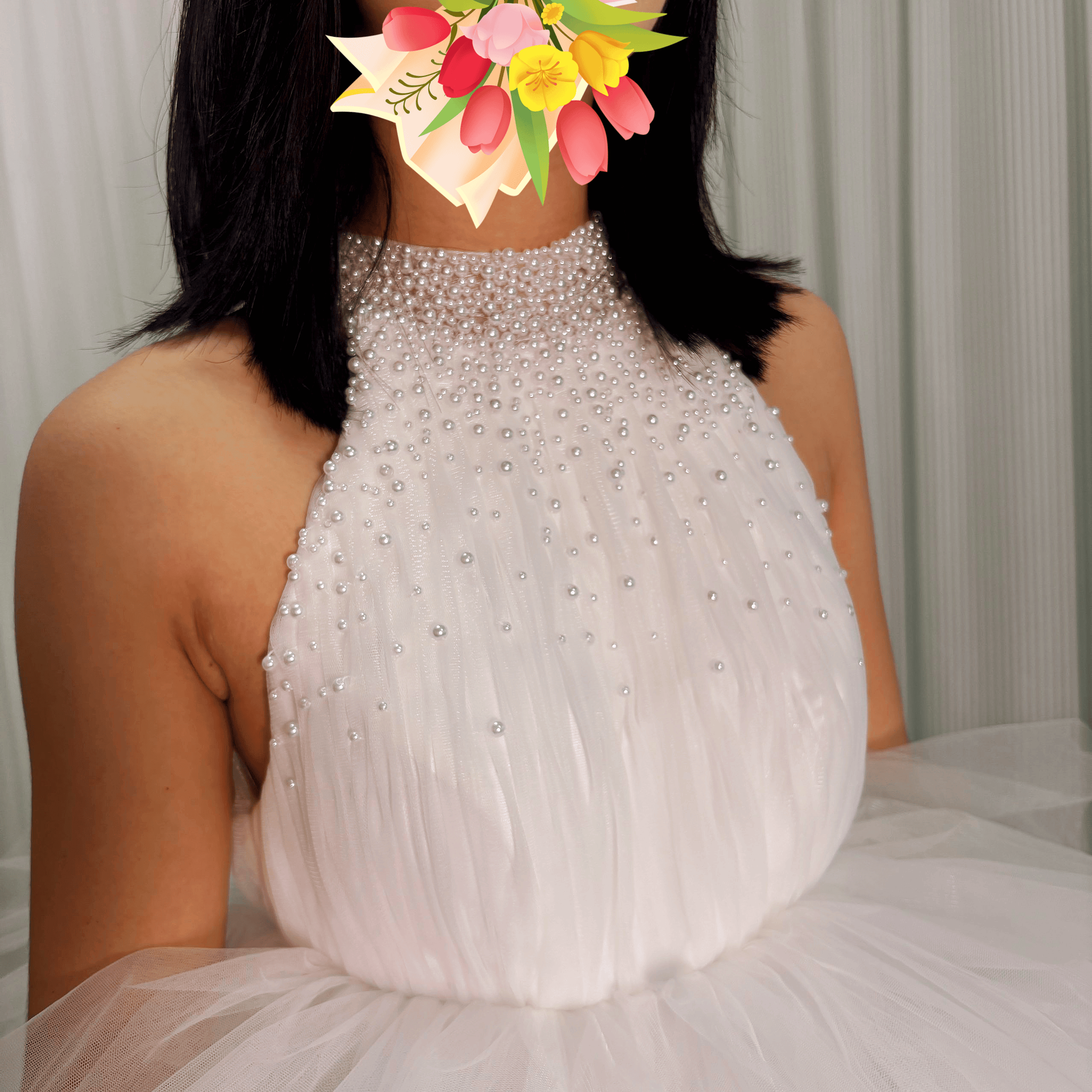 豪華！ウェディングドレス ホルターネック パール もこもこドレス 背中見せ 結婚式 前撮り