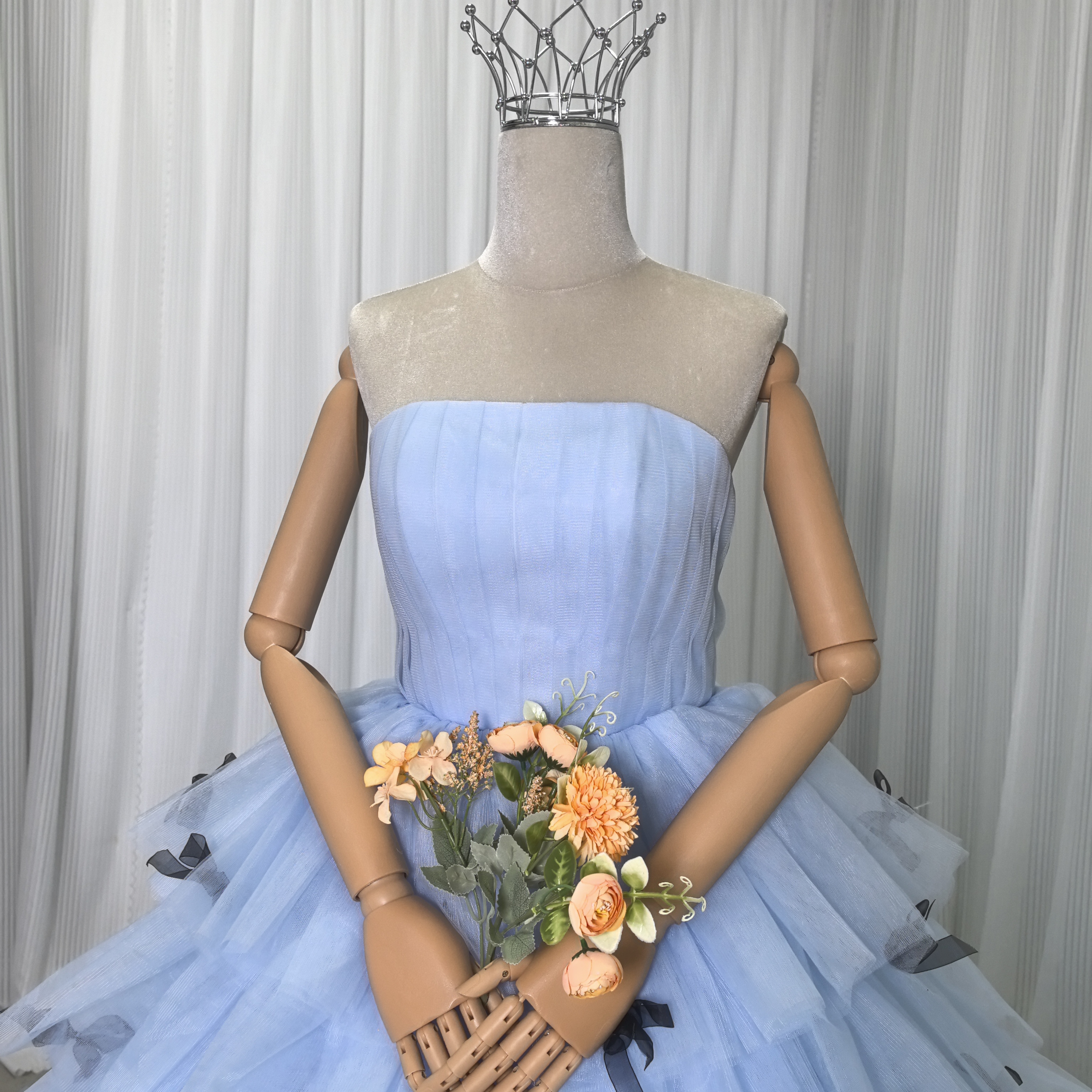 カラードレス ブルー ベアトップ リボン プリンセスライン チュールドレス 編み上げ 花嫁