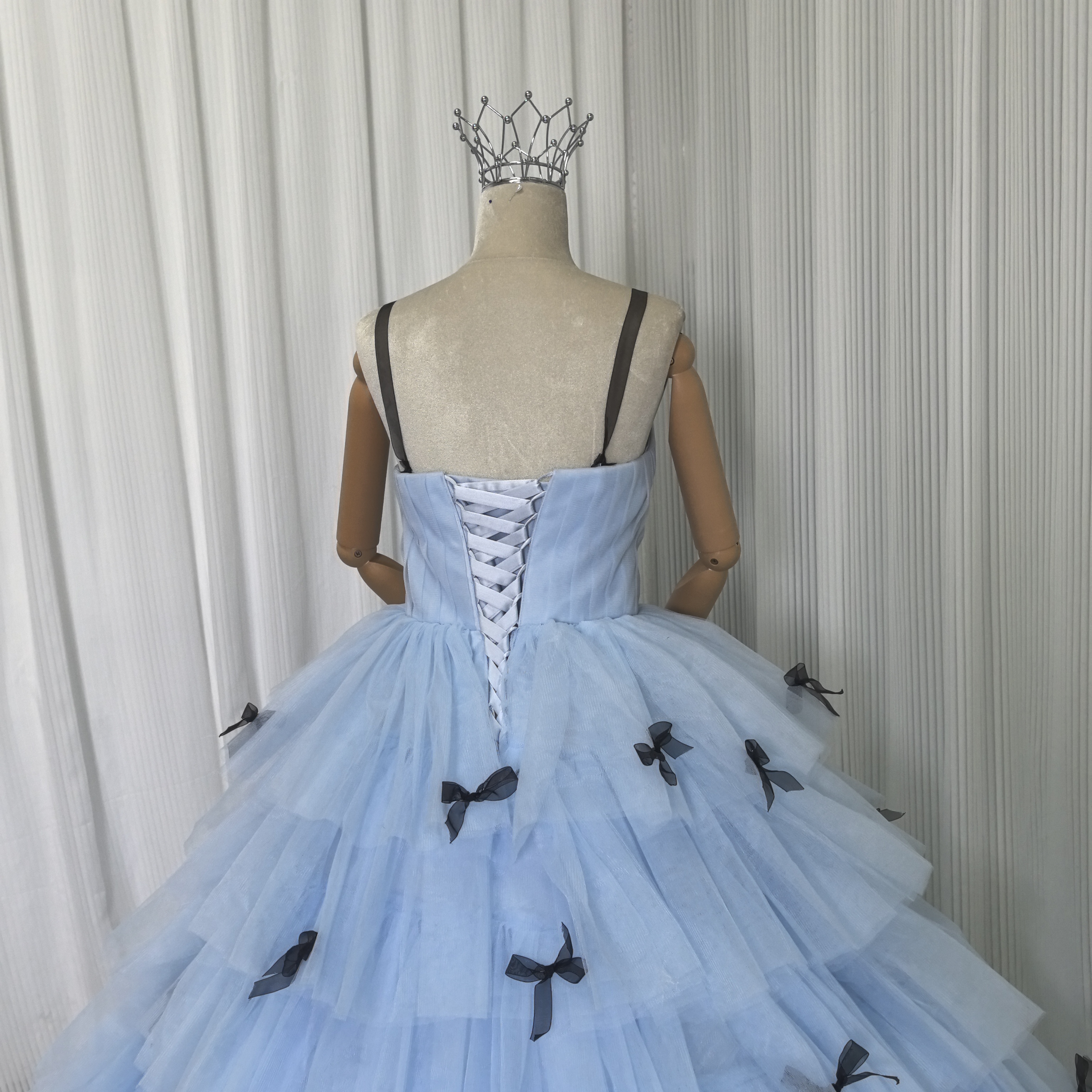 カラードレス ブルー ベアトップ リボン プリンセスライン チュールドレス 編み上げ 花嫁