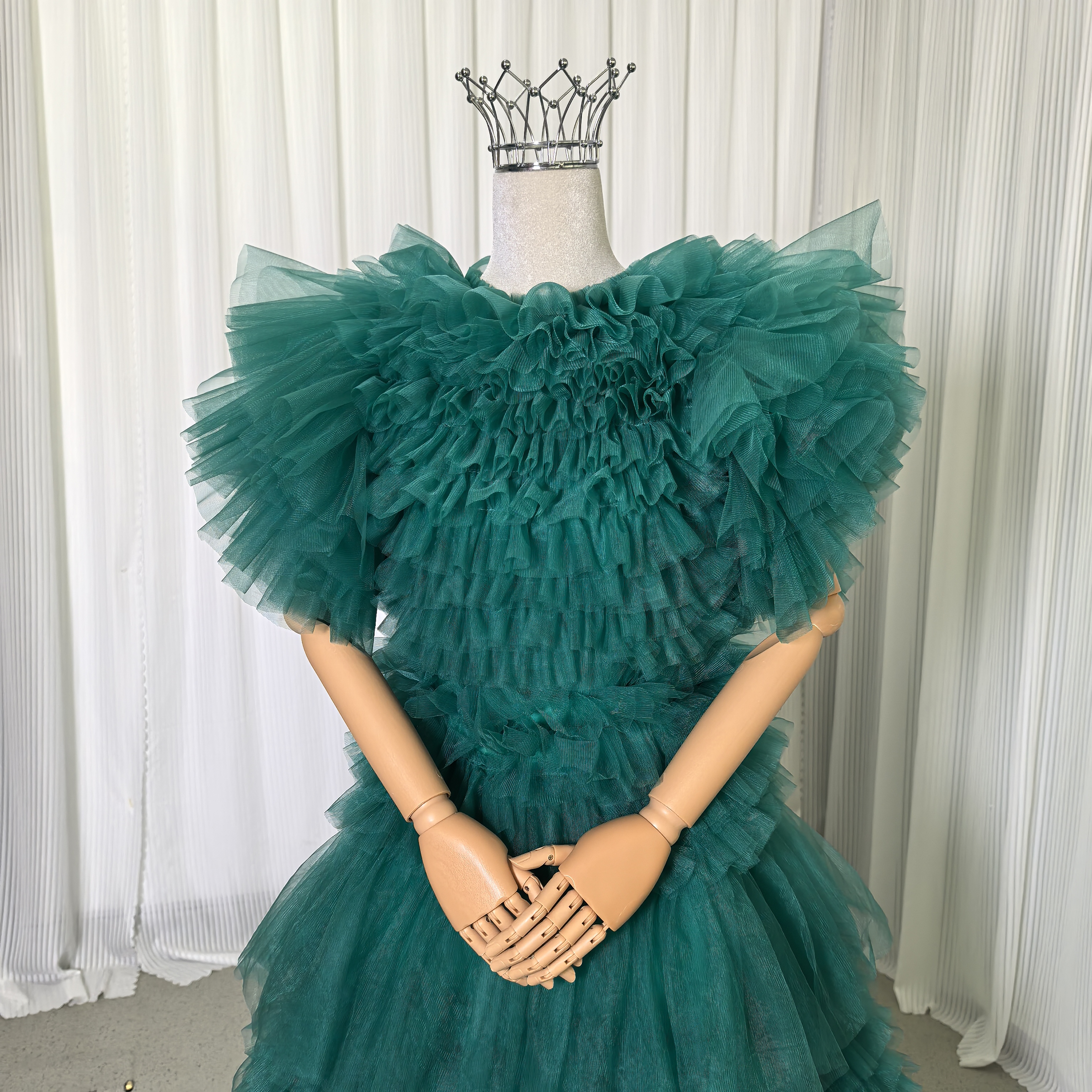 豪華！カラードレス+トップス ブルーグリーン 柔らかく重ねたチュールスカート 短トレー 前撮り 演奏会/音楽会