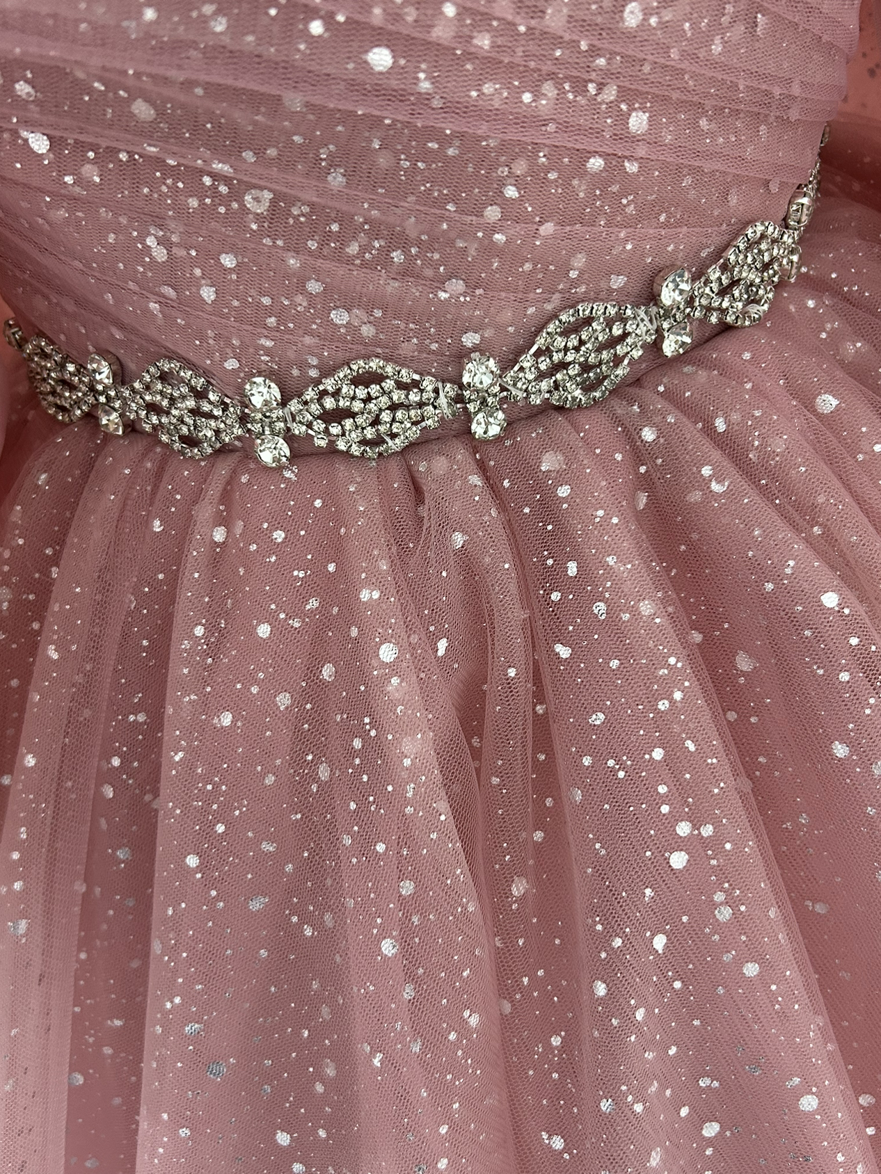 美品！カラードレス ピンク パフスリーブ ベルト キラキラグリッターチュール 編み上げ 披露宴/結婚式