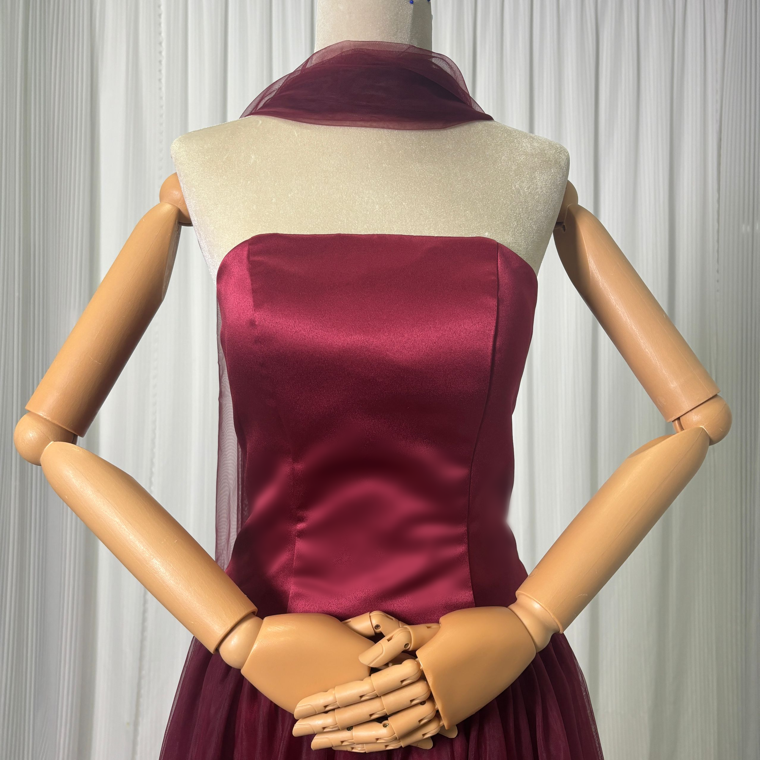 カラードレス ボルドー色 くるみボタン ツーピース ソフトチュール 床付く ふわふわ 前撮り 二次会