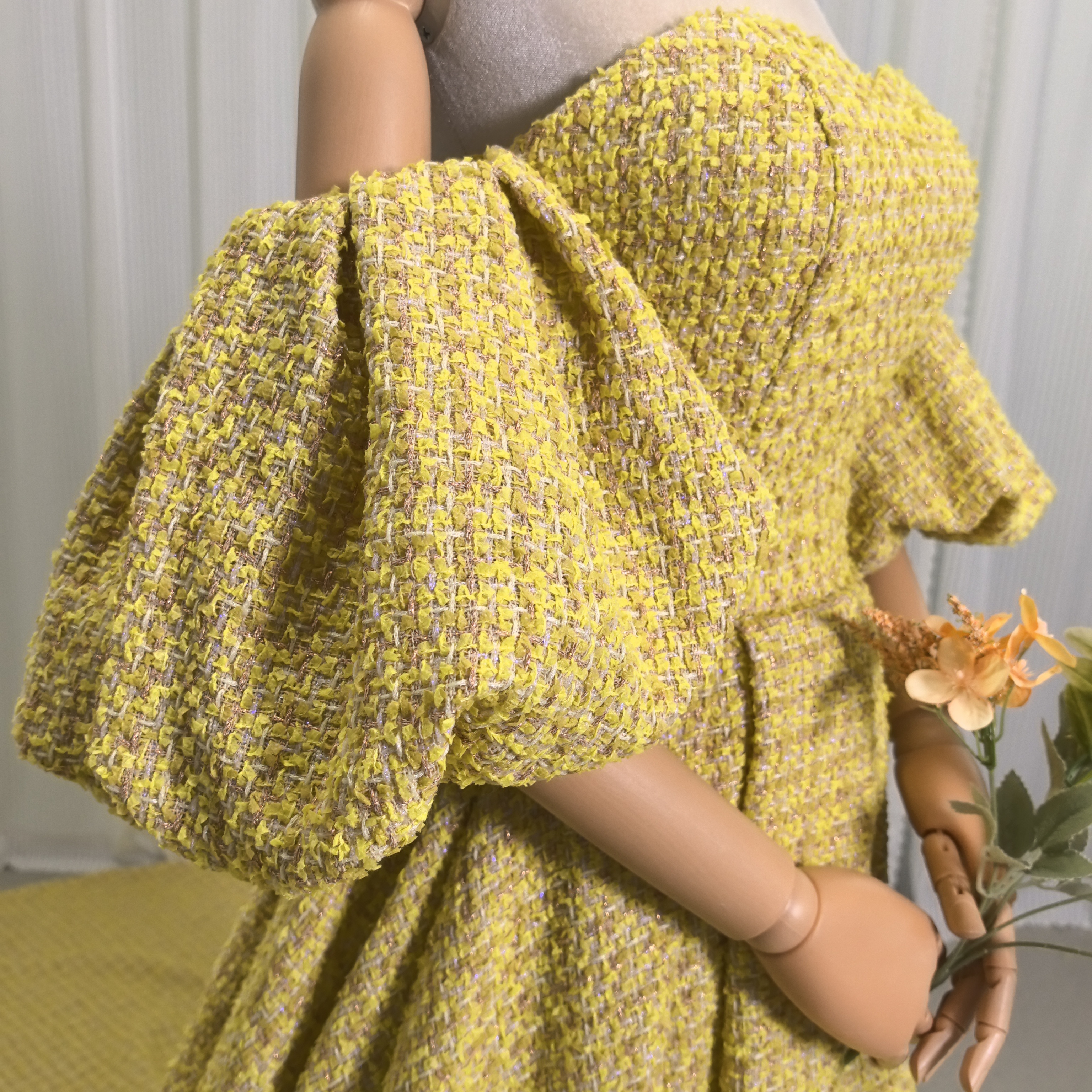 パーティードレス パフスリーブ イエロー ツイードドレス 編み上げ ロングトレーン 前撮り 二次会