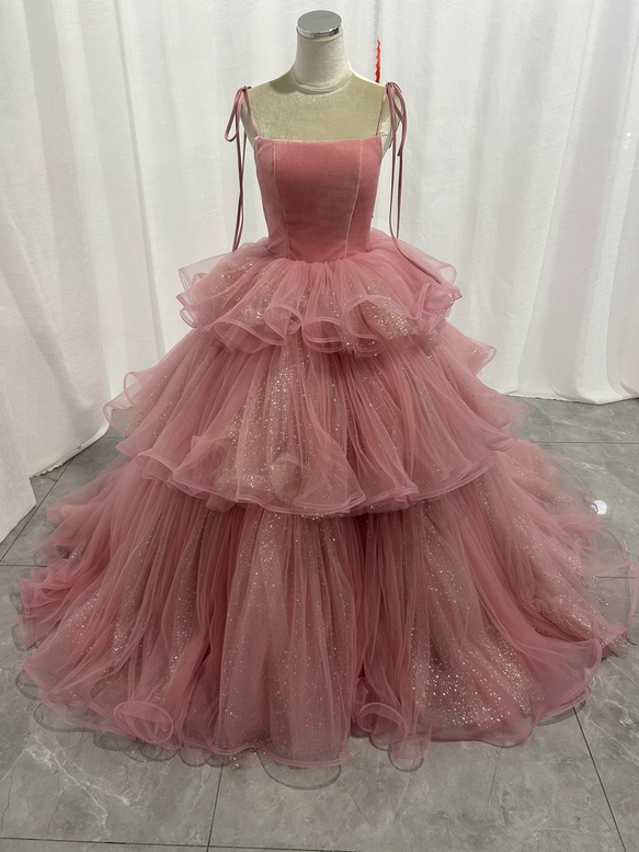 実例写真！カラードレス ピンク キャミソール ビロード キラキラチュール 可愛い 編み上げ 憧れのドレス 花嫁