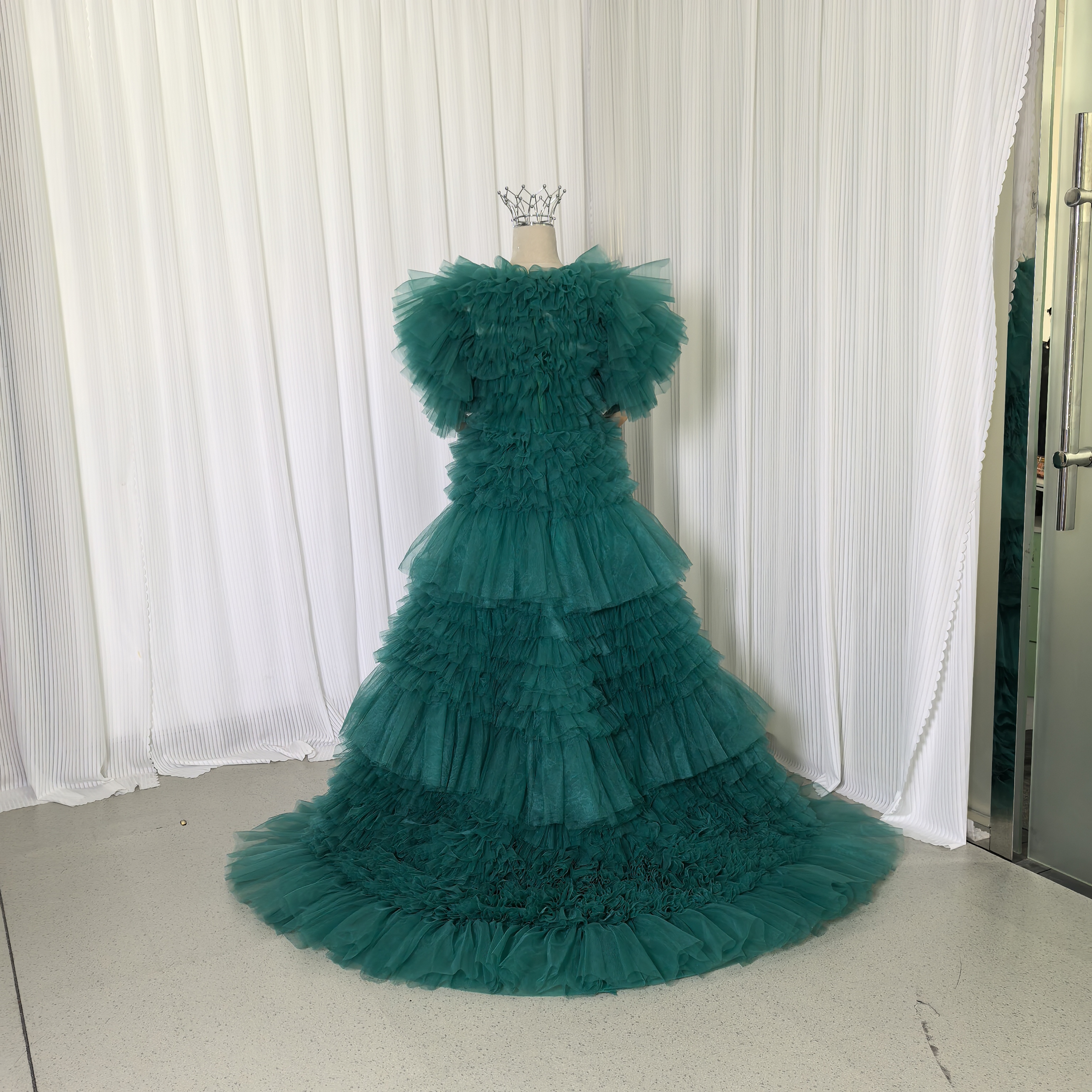 豪華！カラードレス+トップス ブルーグリーン 柔らかく重ねたチュールスカート 短トレー 前撮り 演奏会/音楽会