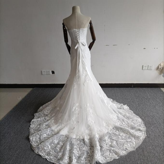 実例写真！2ways ウェディングドレス ベアトップ オーバースカート マーメイドライン 流れる透け花レース 花嫁 前撮り