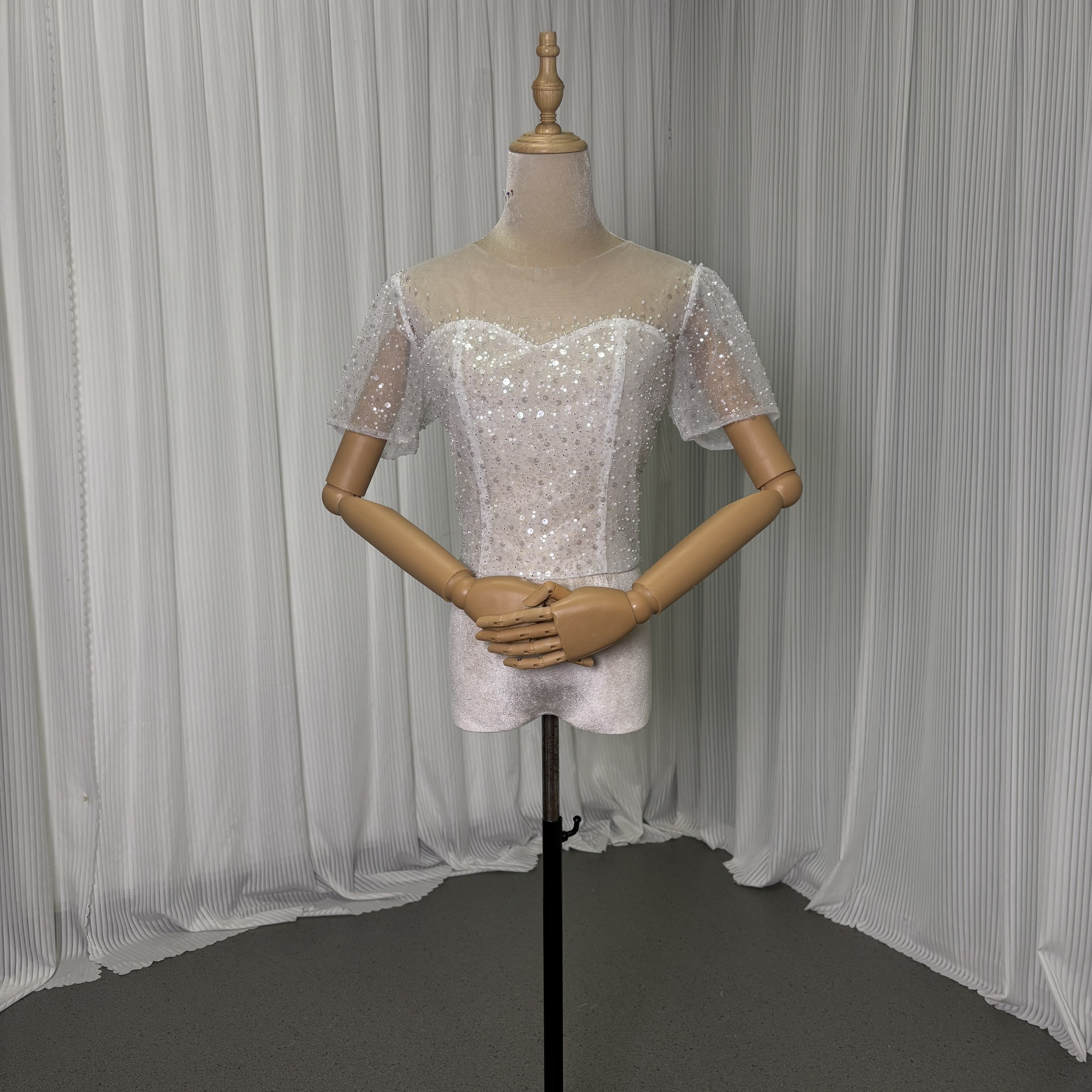 トップス 短袖 シークインチュール パール ハンドメイド 編み上げ 結婚式/ウェディングドレス