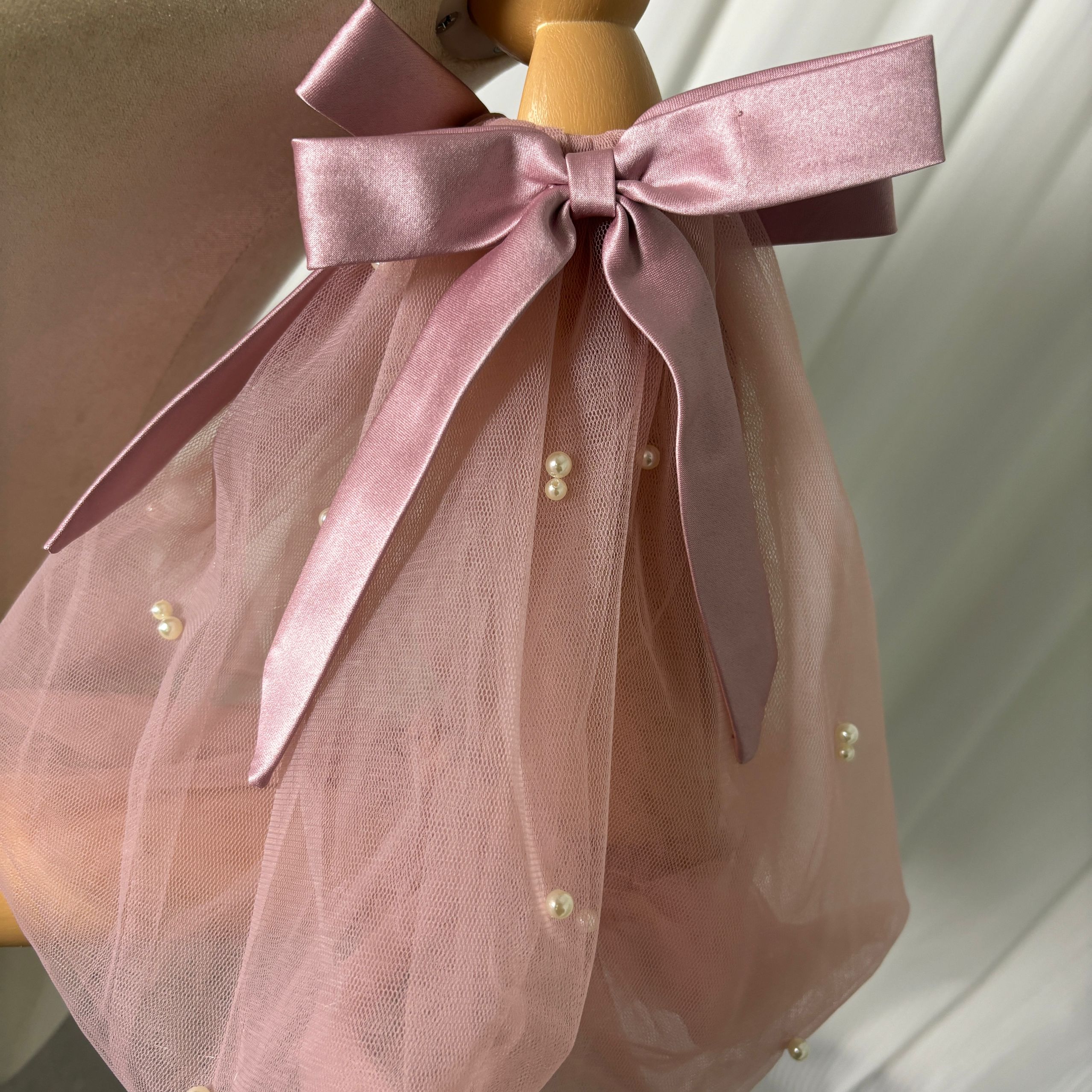 パフスリーブ ピンク パール リボン ストレッチ 可愛い 結婚式/披露宴
