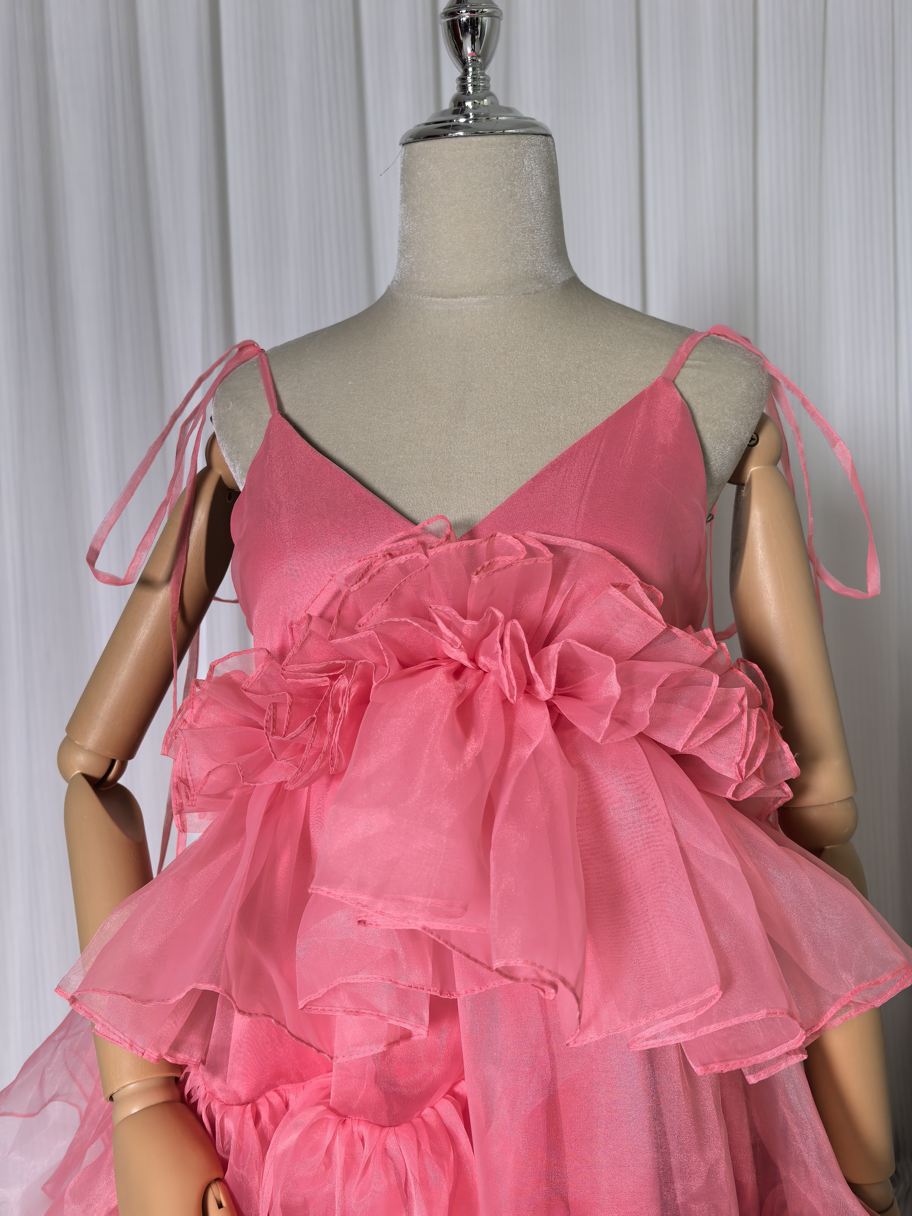 パーティードレス ローズピンク 上質オーガンジー ミニドレス 可愛い デザイン感 前撮り 演奏会