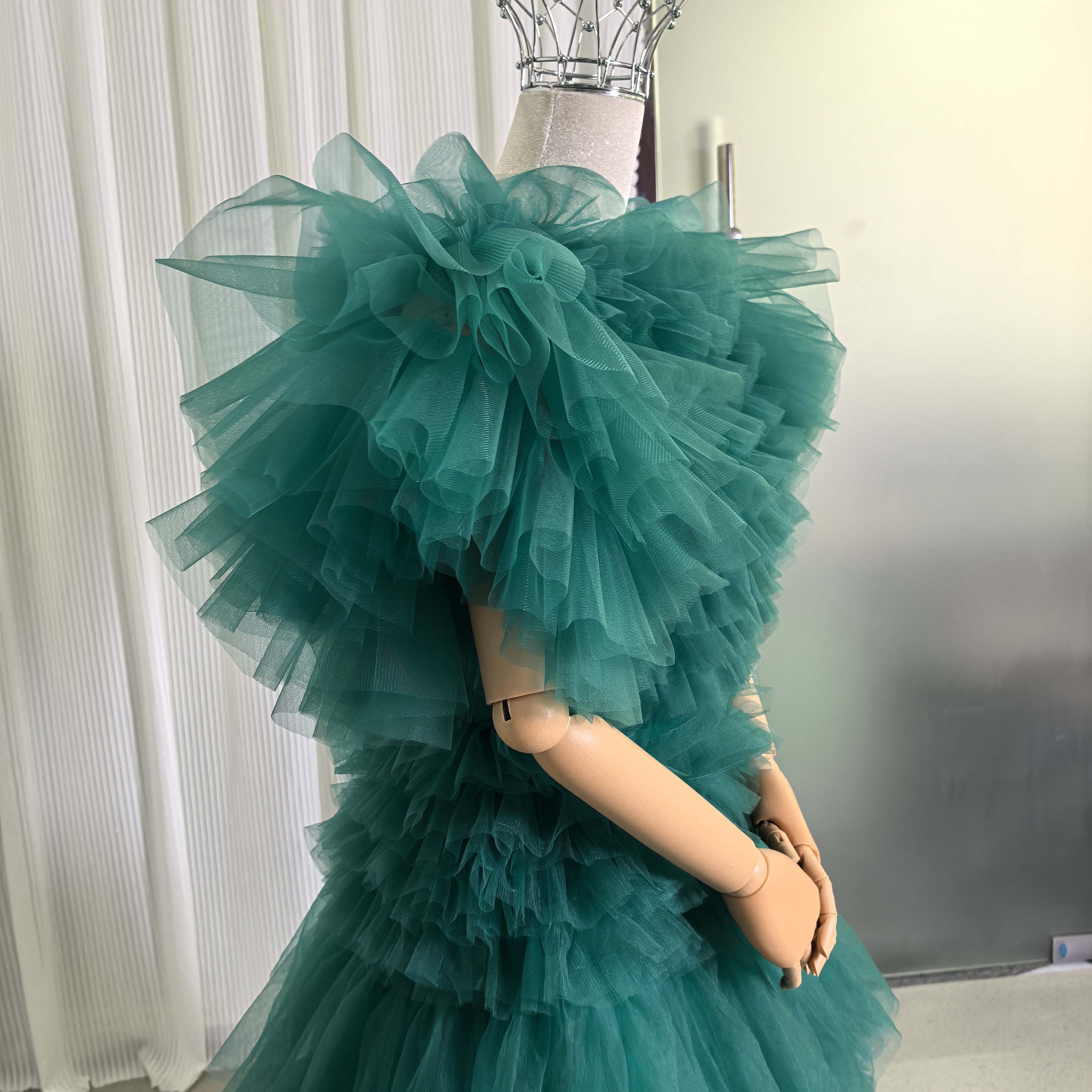 豪華！カラードレス+トップス ブルーグリーン 柔らかく重ねたチュールスカート 短トレー 前撮り 演奏会/音楽会
