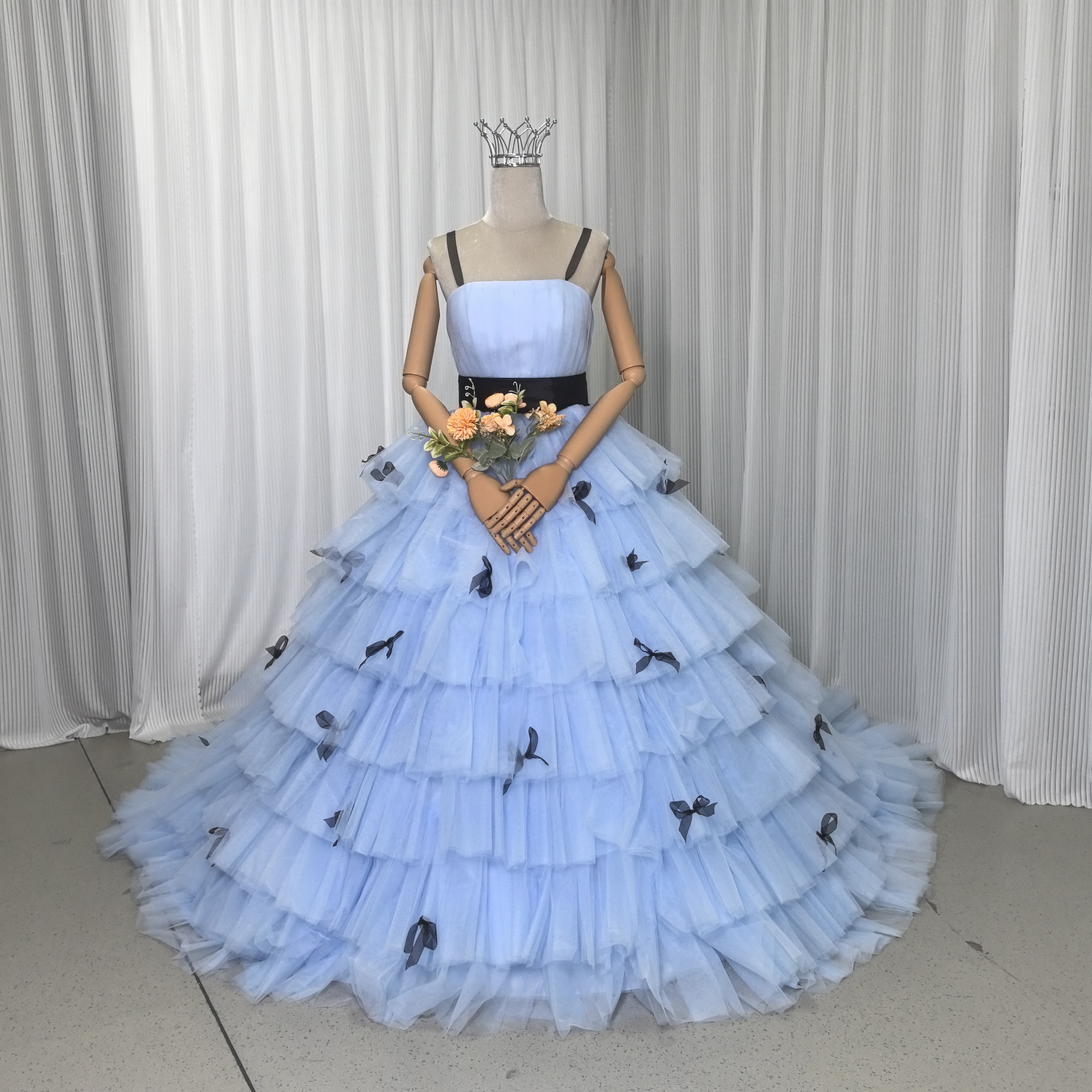 カラードレス ブルー ベアトップ リボン サッシュベルト プリンセスライン チュールドレス 編み上げ 花嫁
