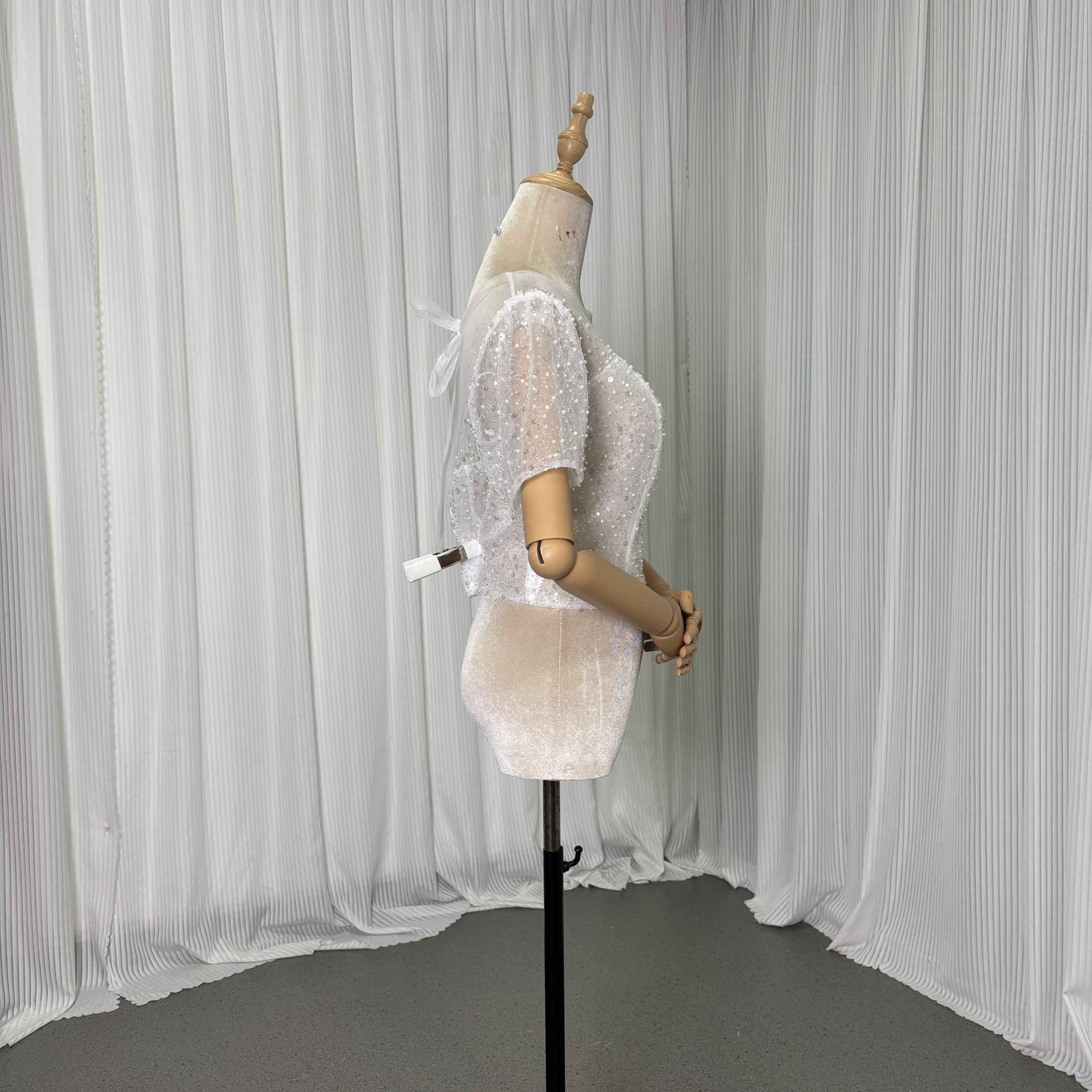 トップス 短袖 シークインチュール パール ハンドメイド 編み上げ 結婚式/ウェディングドレス