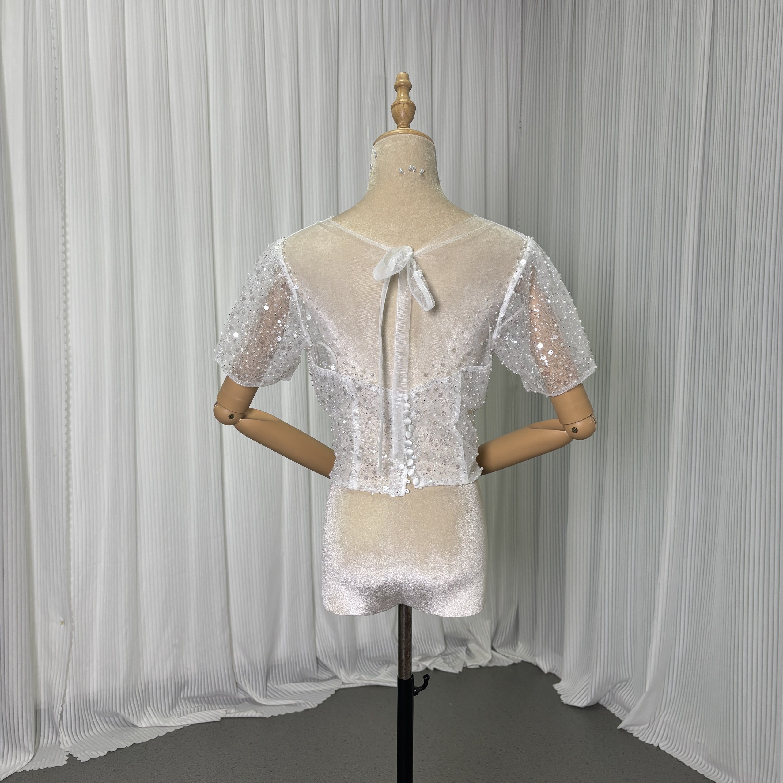 トップス 短袖 シークインチュール パール ハンドメイド 編み上げ 結婚式/ウェディングドレス