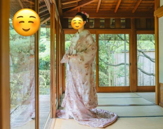 実例写真！ピンク オーガンジー打掛 キラキラ光る刺繍 着物 オーバードレス レース羽織 お色直し