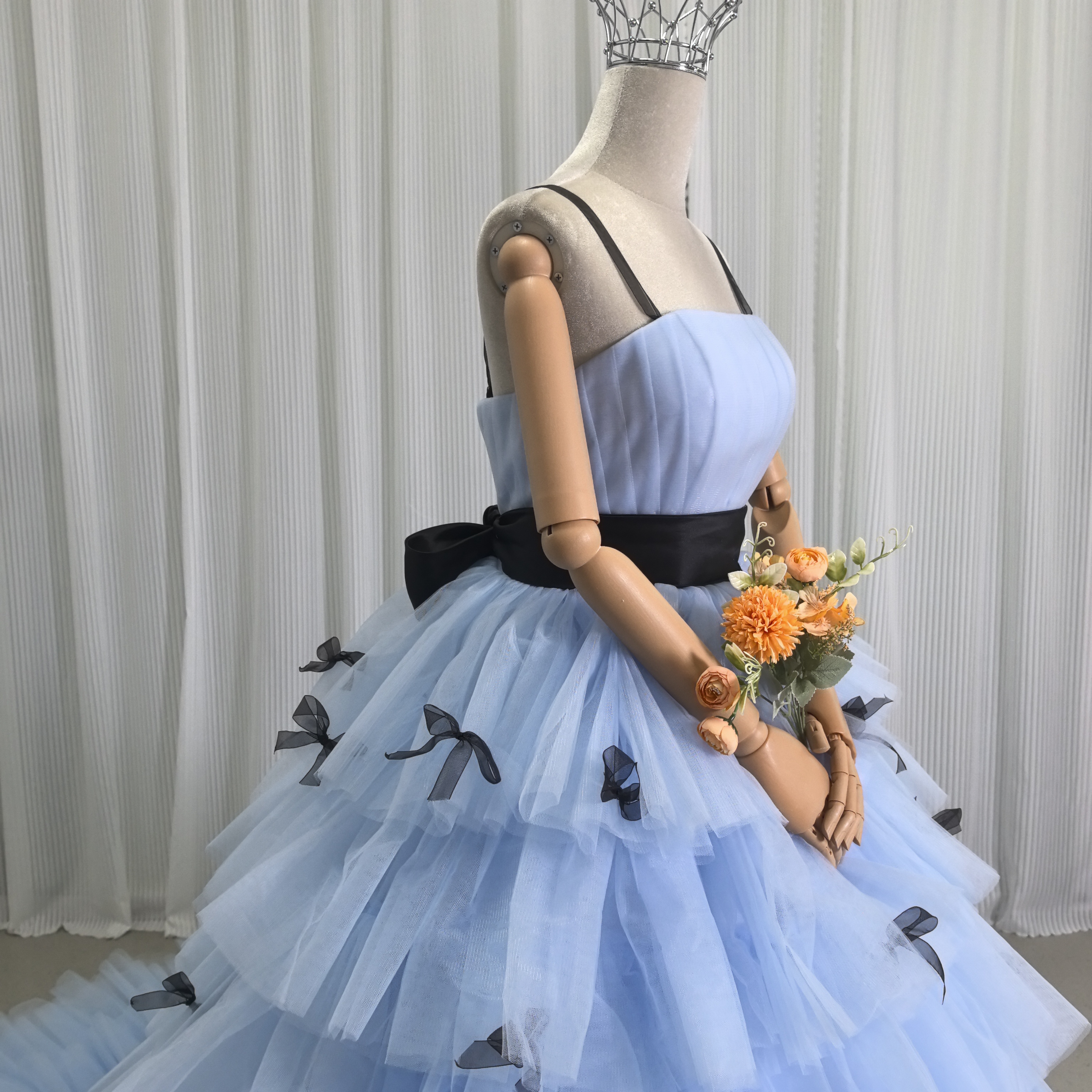 カラードレス ブルー ベアトップ リボン サッシュベルト プリンセスライン チュールドレス 編み上げ 花嫁