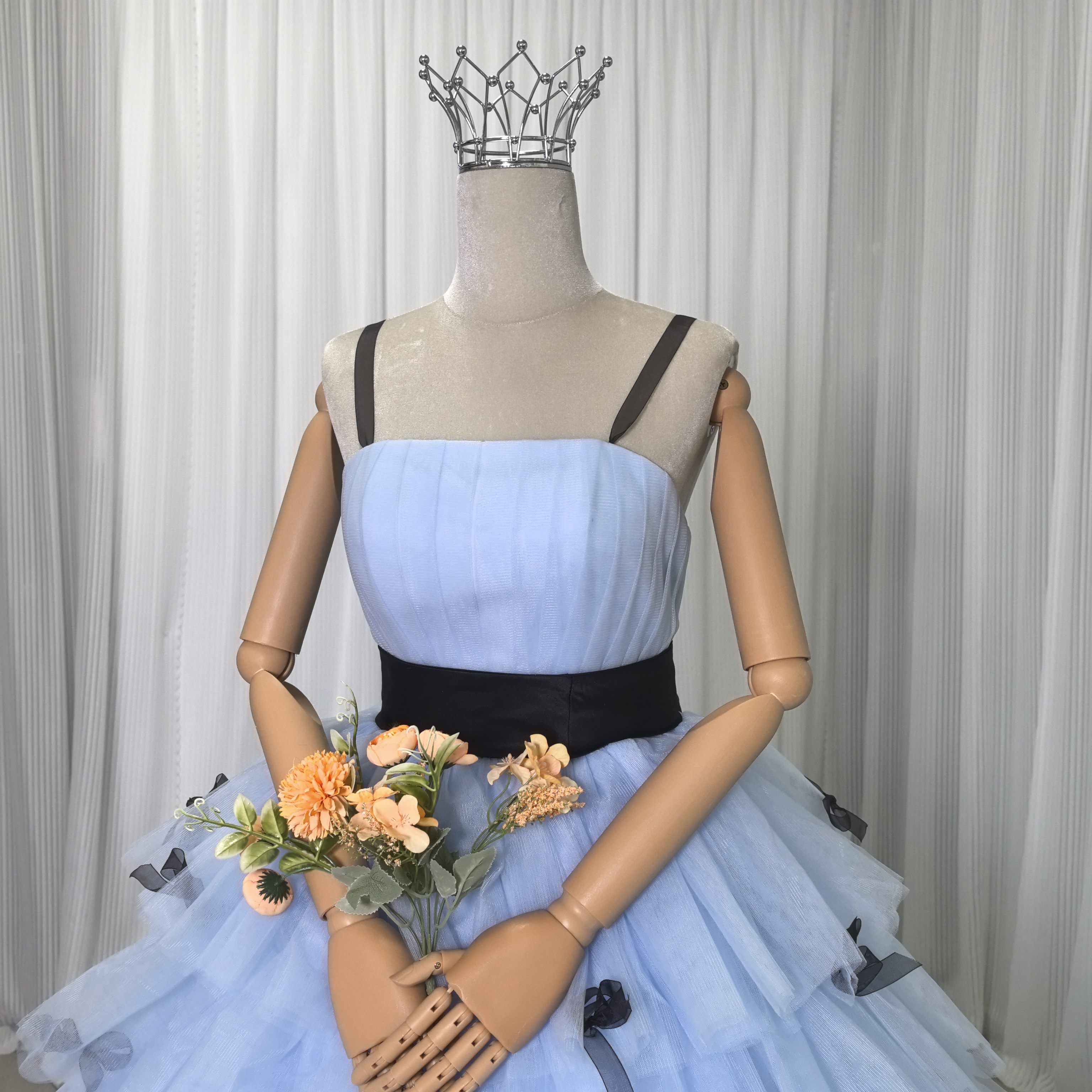 カラードレス ブルー ベアトップ リボン サッシュベルト プリンセスライン チュールドレス 編み上げ 花嫁