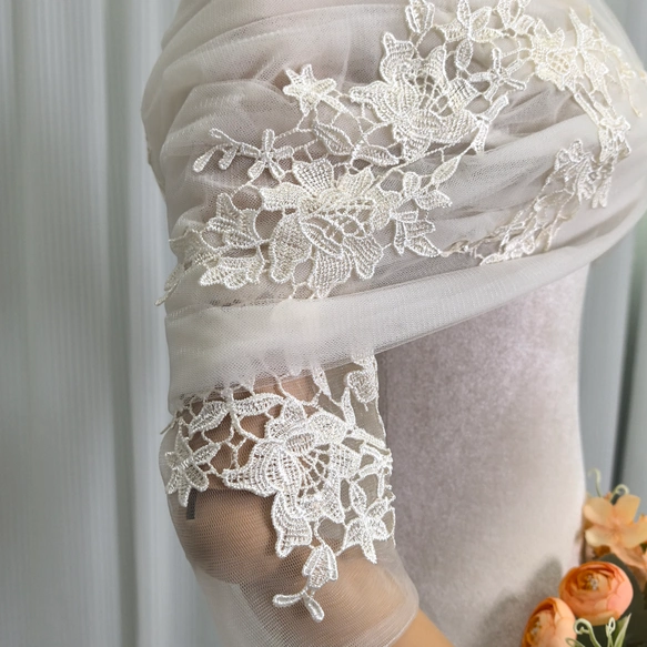 実例写真！美品！取り外しオフショルダー アイボリー 七分袖丈 上品花レース 大人っぽい クラシカル 拳式