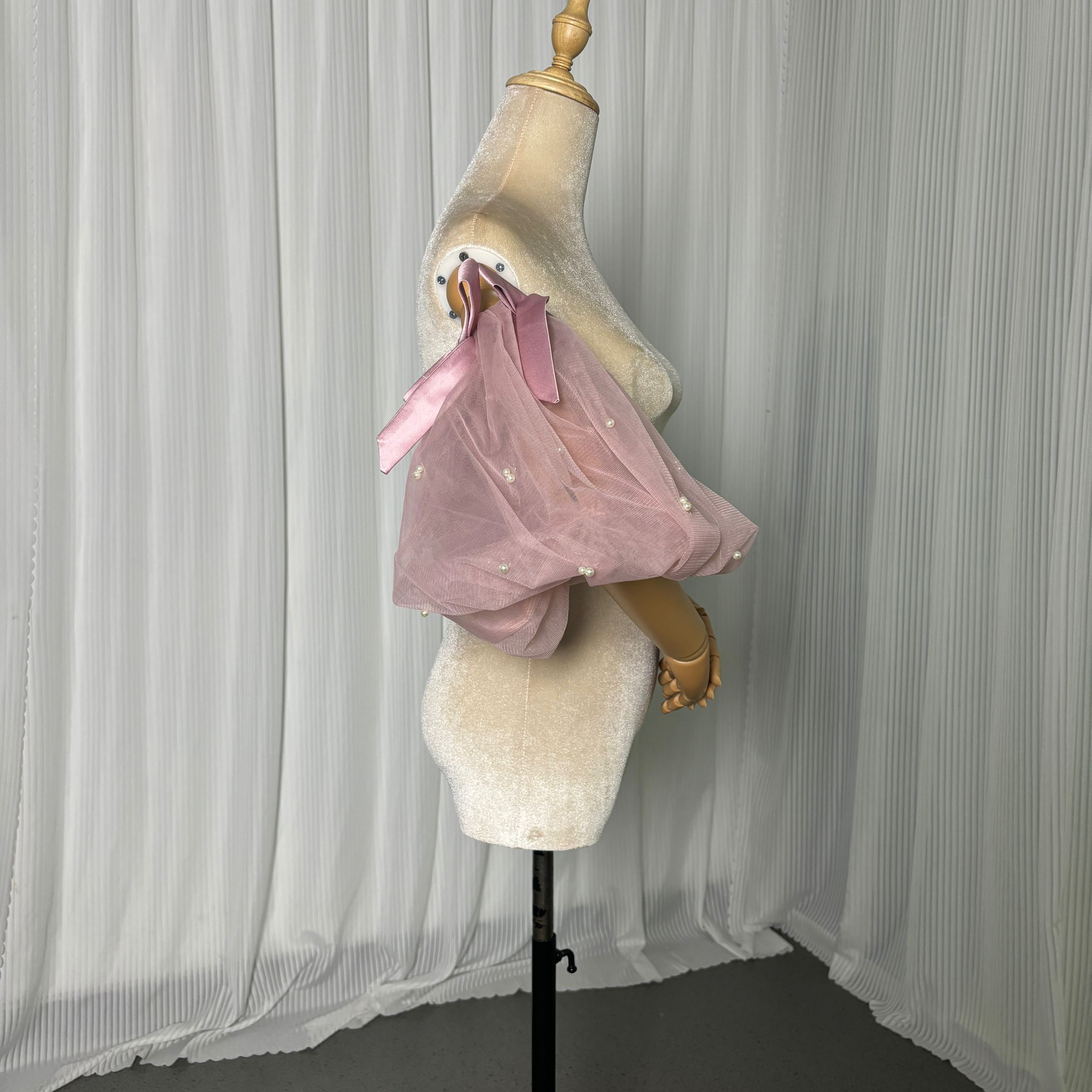 パフスリーブ ピンク パール リボン ストレッチ 可愛い 結婚式/披露宴