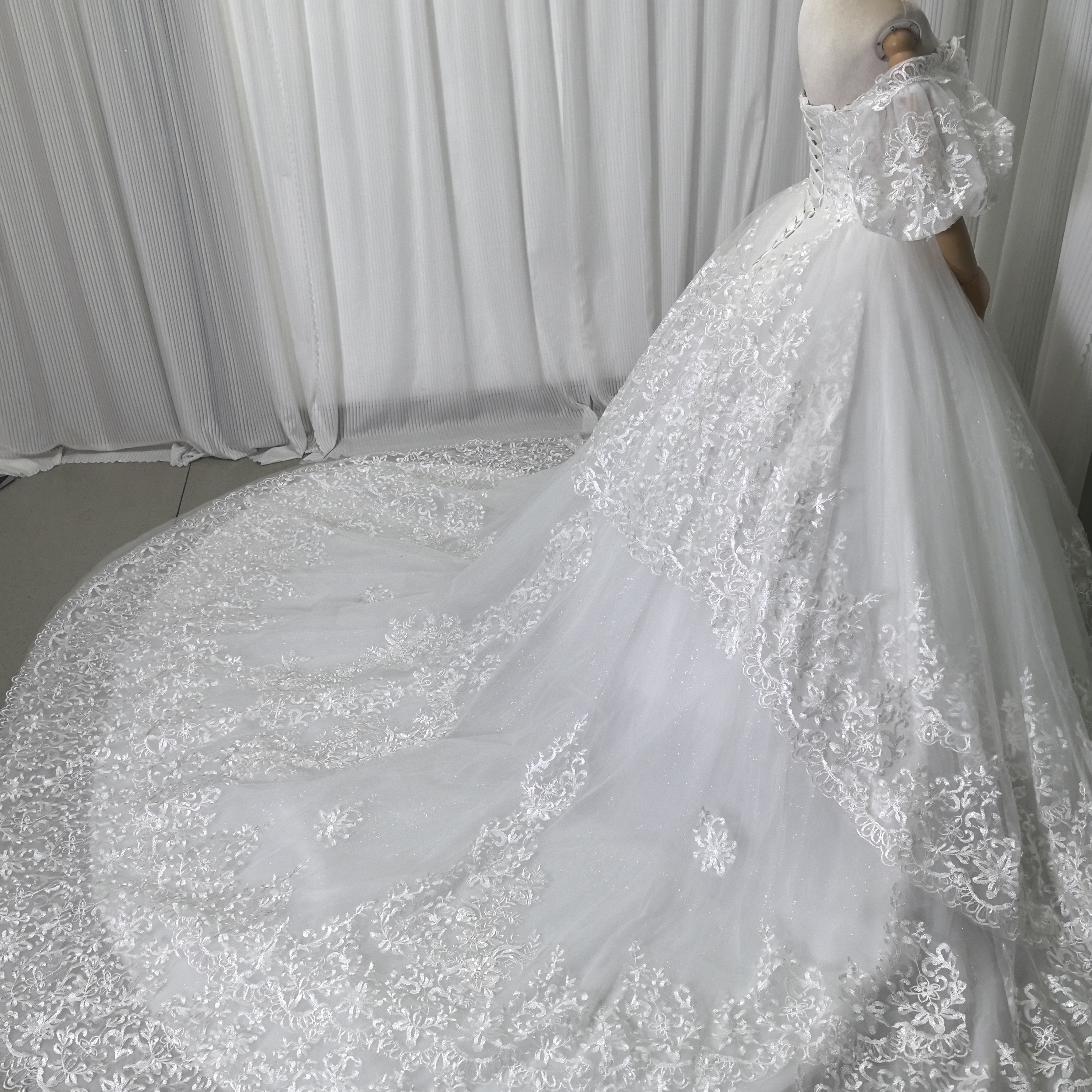 フランス風 ウェディングドレス ベアトップ 取り外し袖 キラキラスパンコール 繊細レース 華やかなトレーン 結婚式