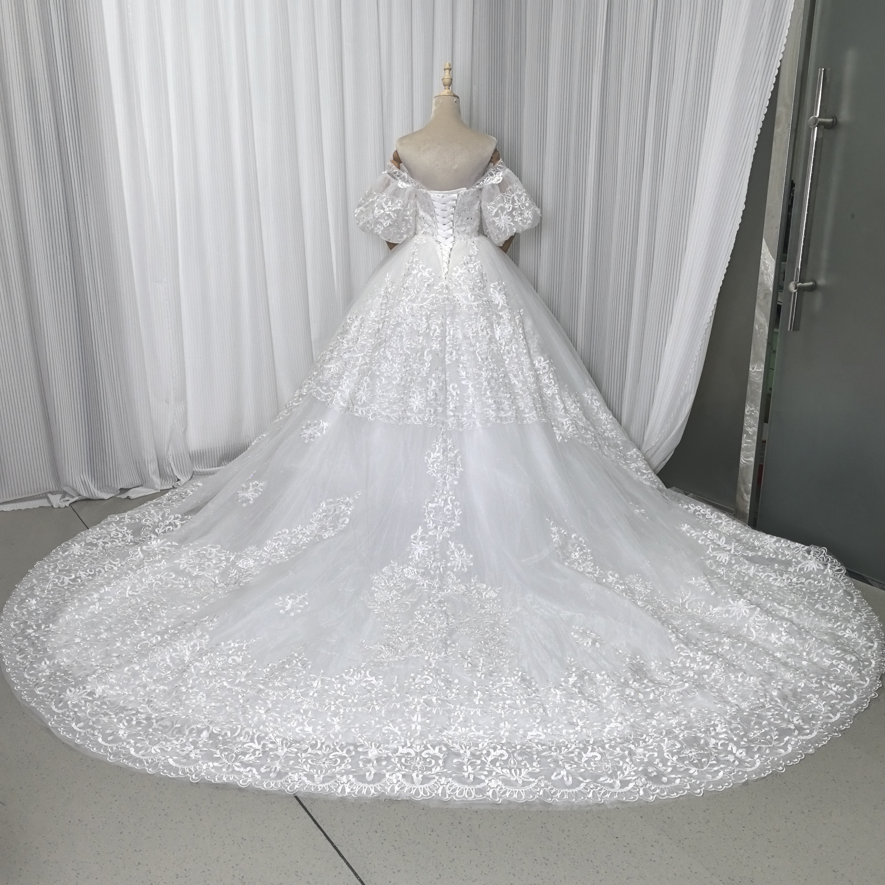 フランス風 ウェディングドレス ベアトップ 取り外し袖 キラキラスパンコール 繊細レース 華やかなトレーン 結婚式