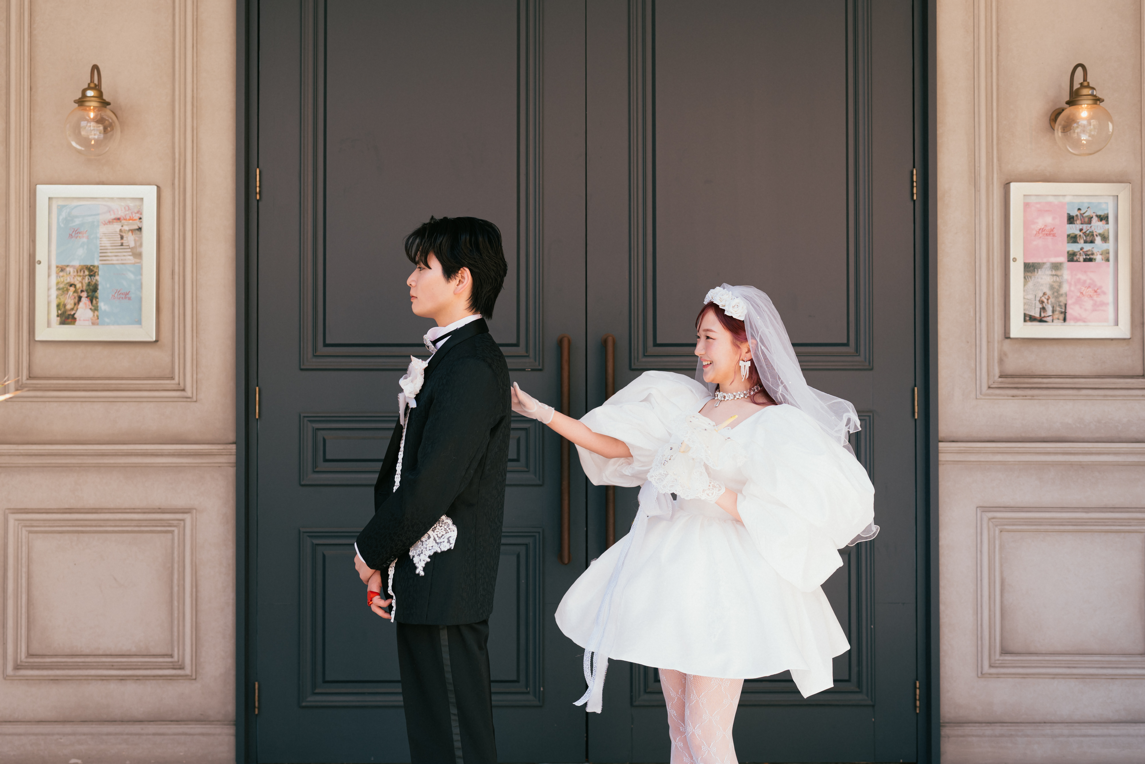 実例写真！ウェディングドレス ミニワンピース パフスリーブ フレアスカート 繊細レース 可愛い 前撮り