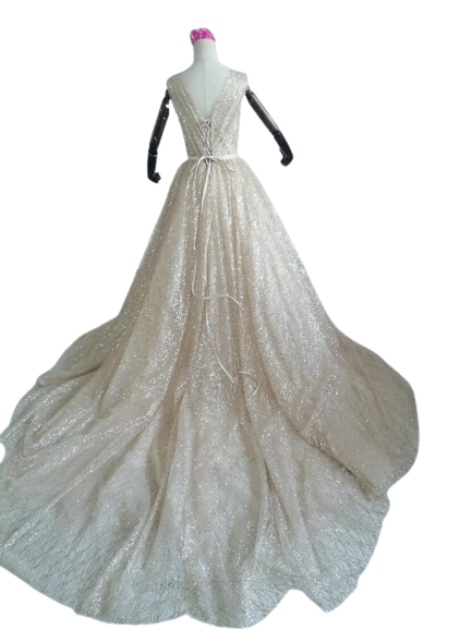 カラードレス 薄シャンパンの色 Vネックドレス ノースリーブ 編み上げ キラキラグリッターチュール ブライダル