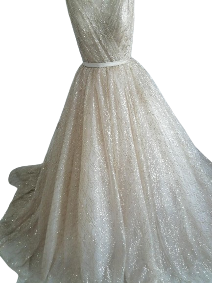 カラードレス 薄シャンパンの色 Vネックドレス ノースリーブ 編み上げ キラキラグリッターチュール ブライダル