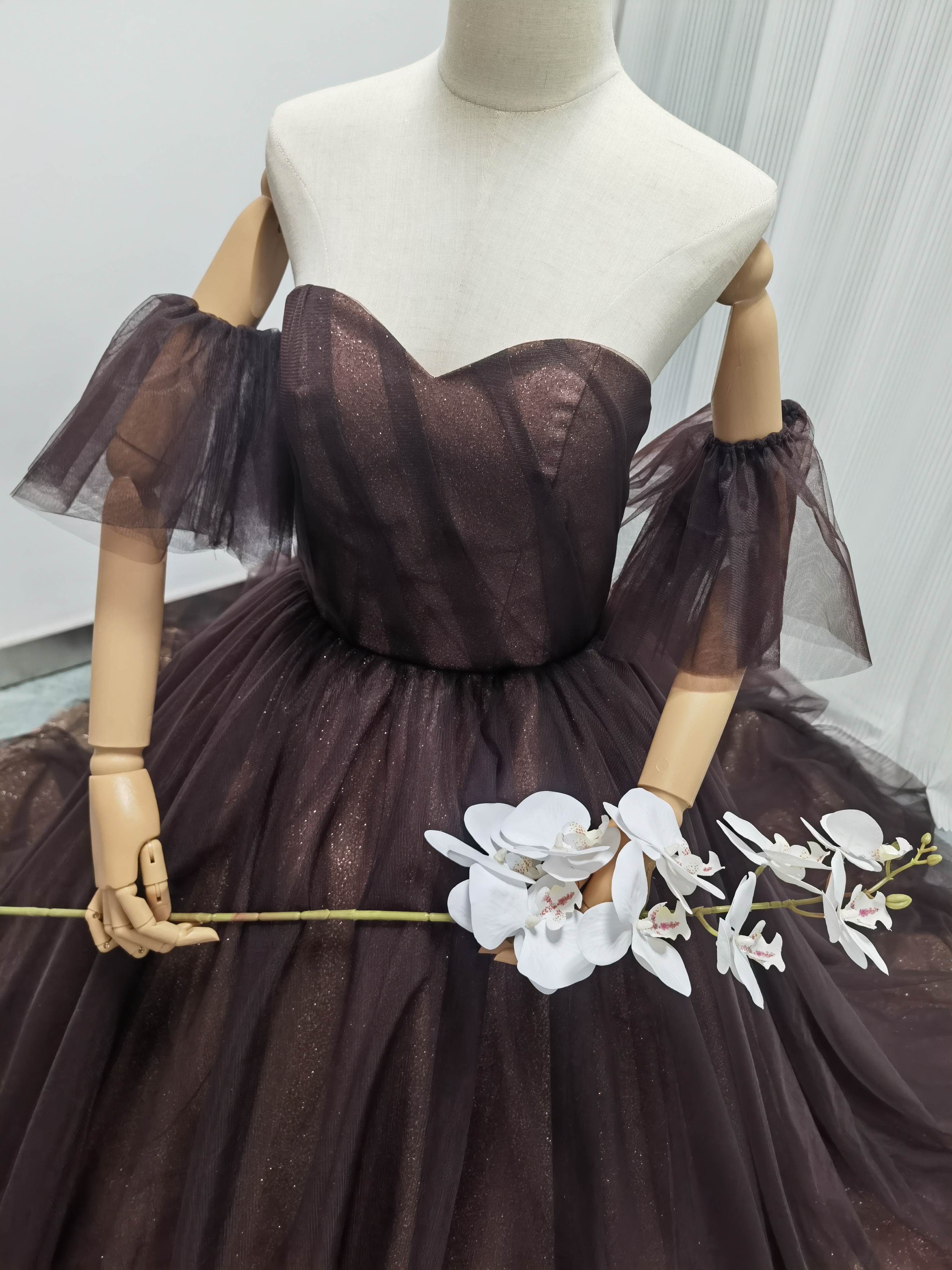 上品！カラードレス ブラウン 取り外し袖 ベアトップ キラキラチュール 大人っぽい 披露宴 前撮り