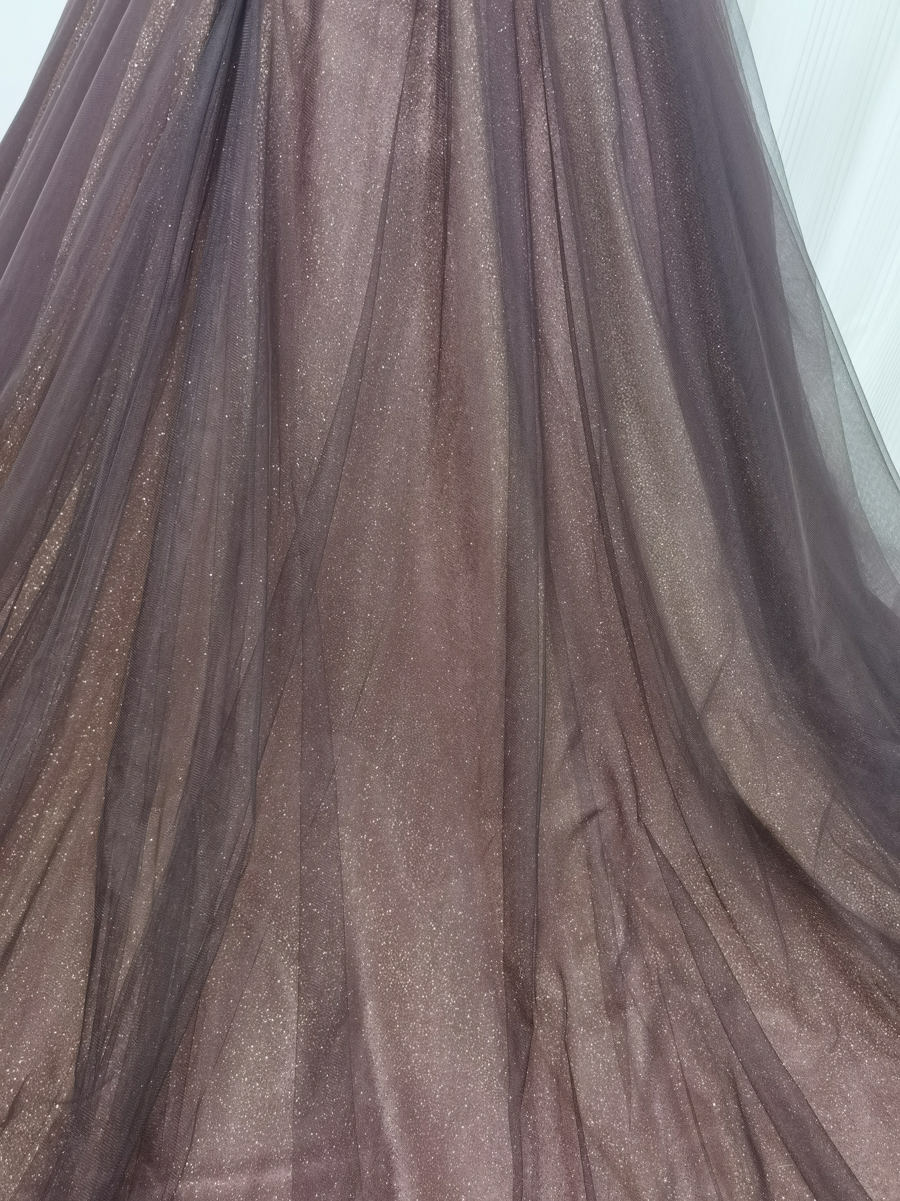 上品！カラードレス ブラウン 取り外し袖 ベアトップ キラキラチュール 大人っぽい 披露宴 前撮り