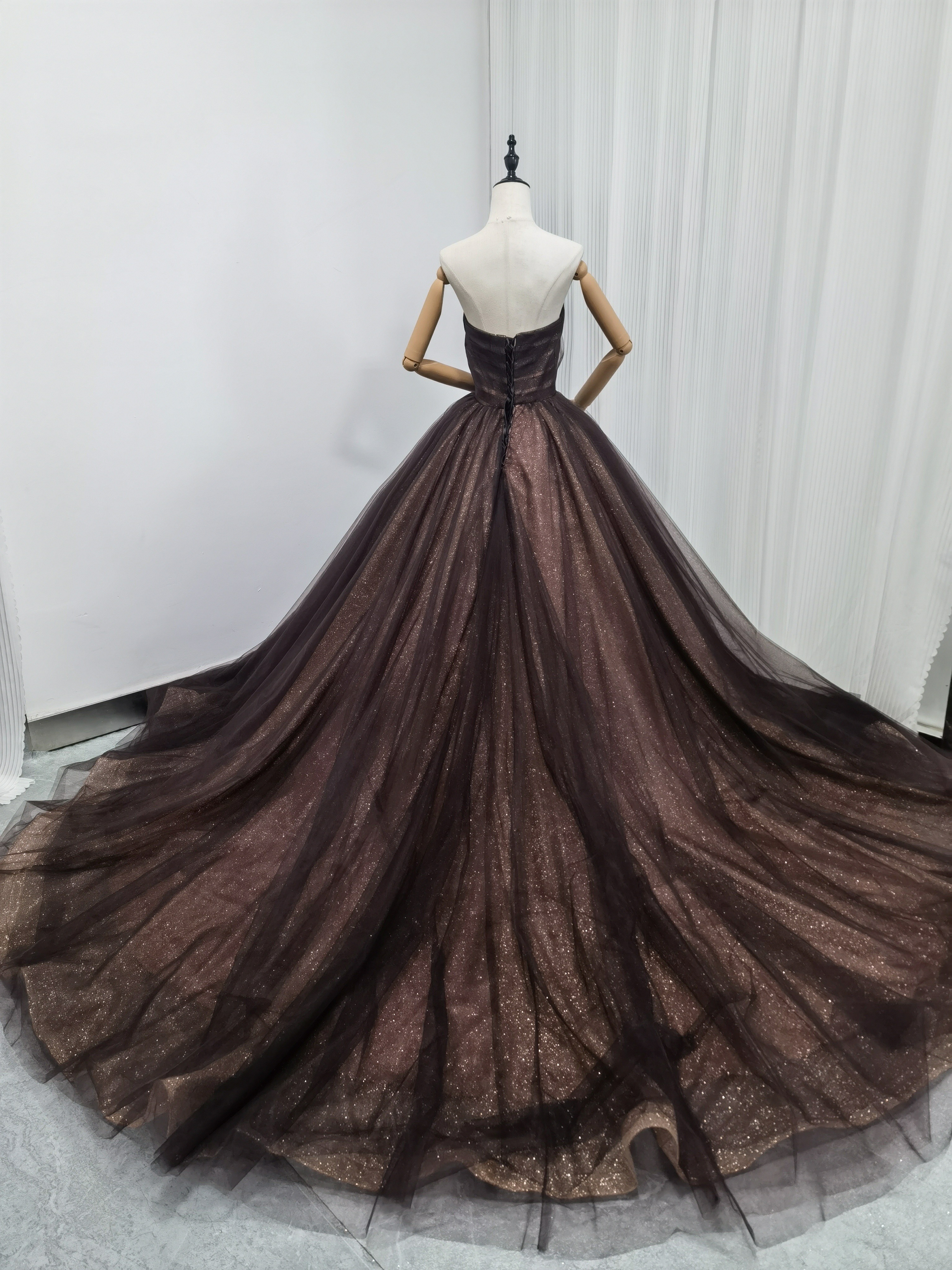 上品！カラードレス ブラウン 取り外し袖 ベアトップ キラキラチュール 大人っぽい 披露宴 前撮り