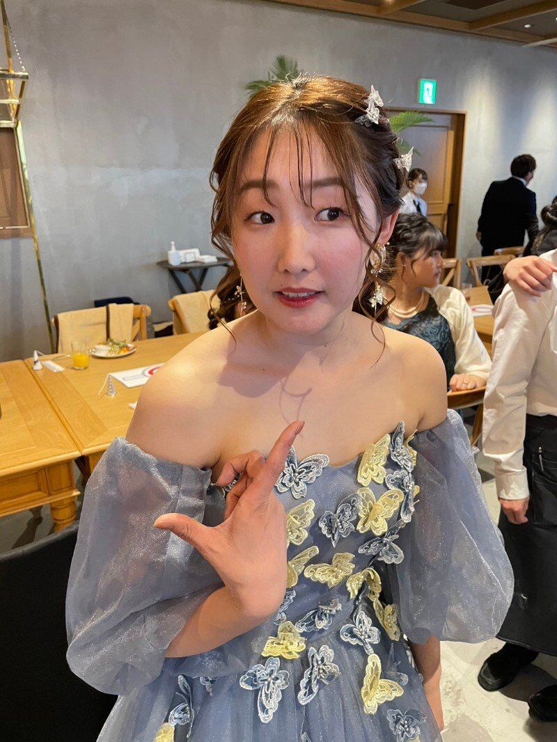 送料無料！３ways　蝶ブルーカラードレス　取り外しパフスリーブ　バックリボン　お色直しドレス　