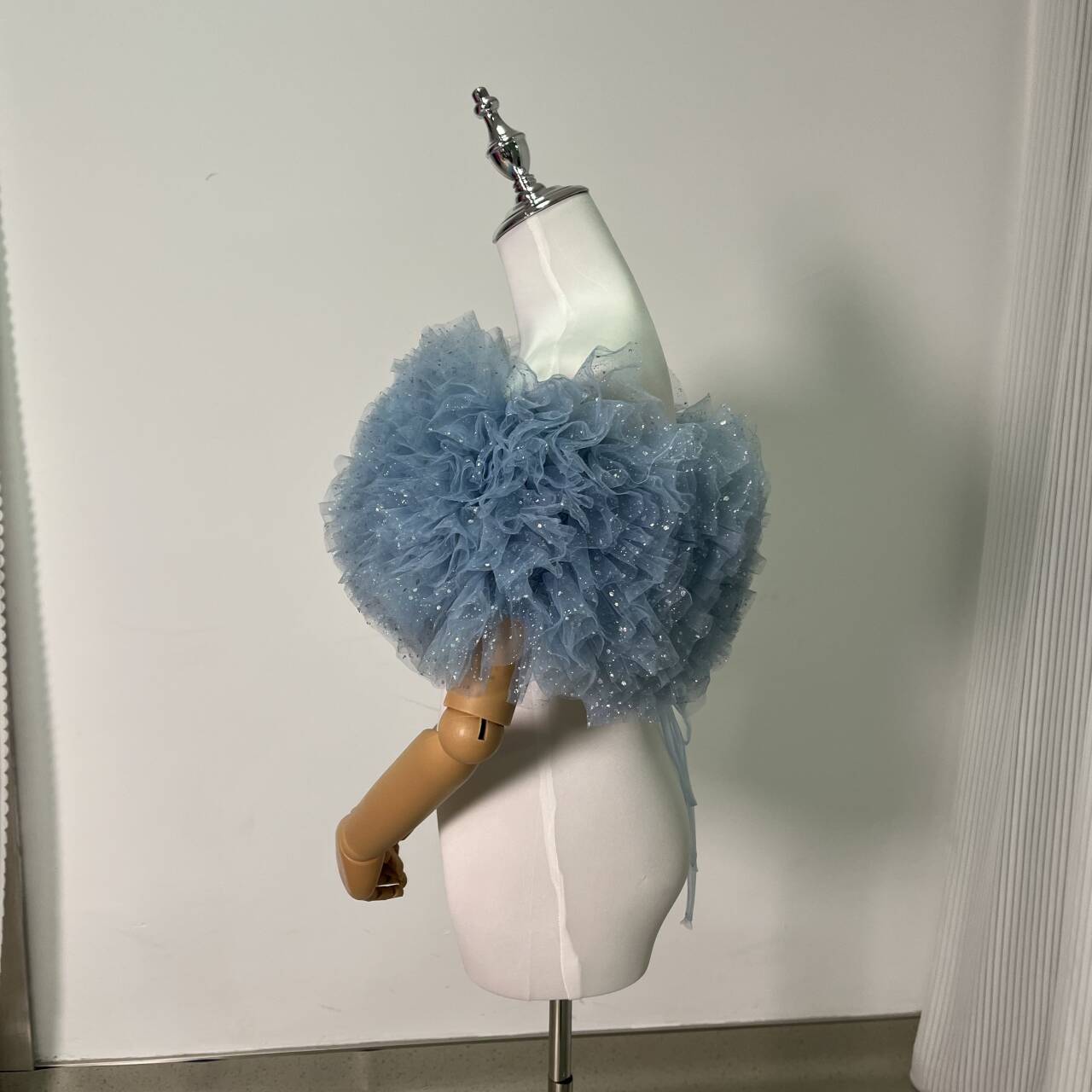 可愛い 薄青 オフショルダー キラキラチュール 編み上げ 前撮り