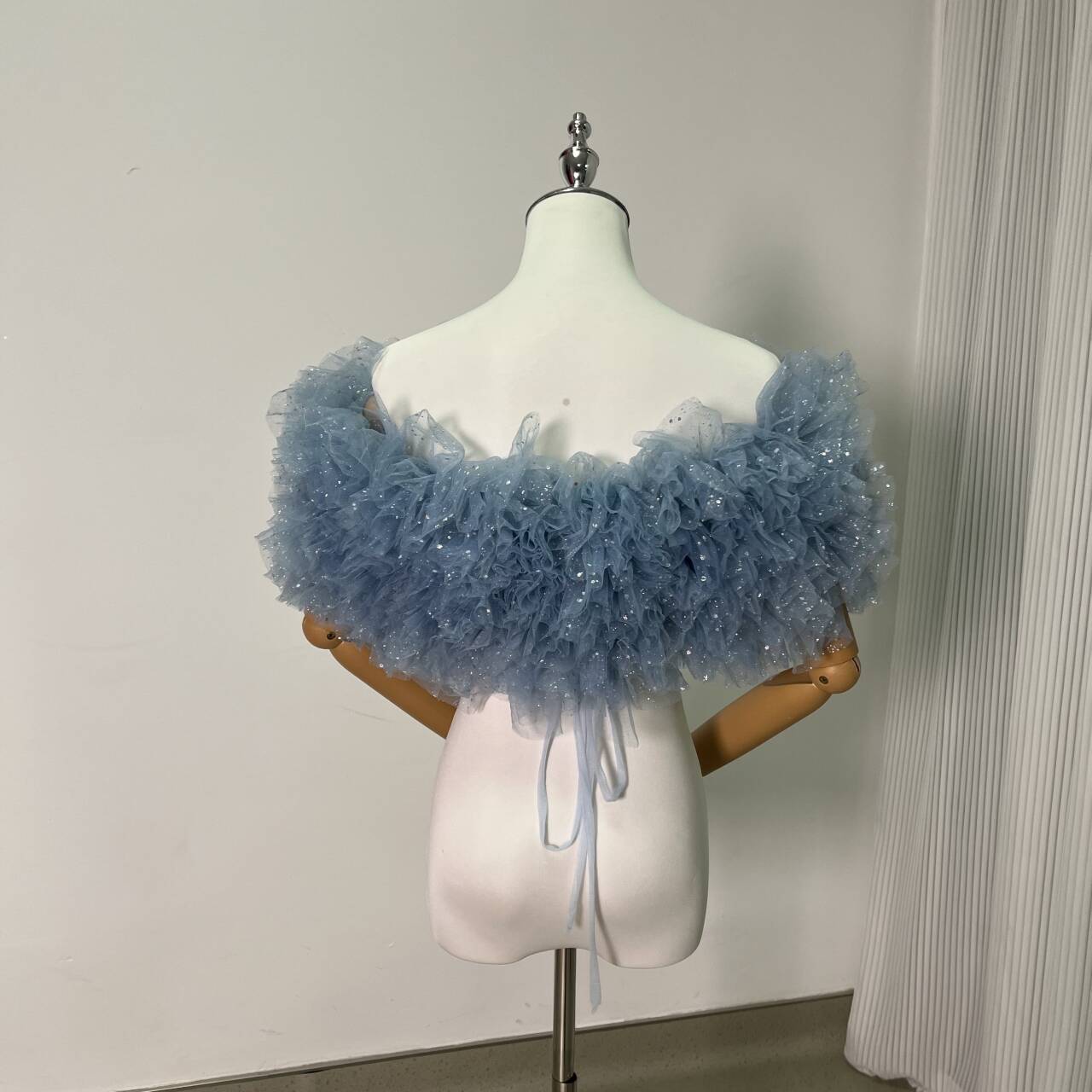 可愛い 薄青 オフショルダー キラキラチュール 編み上げ 前撮り