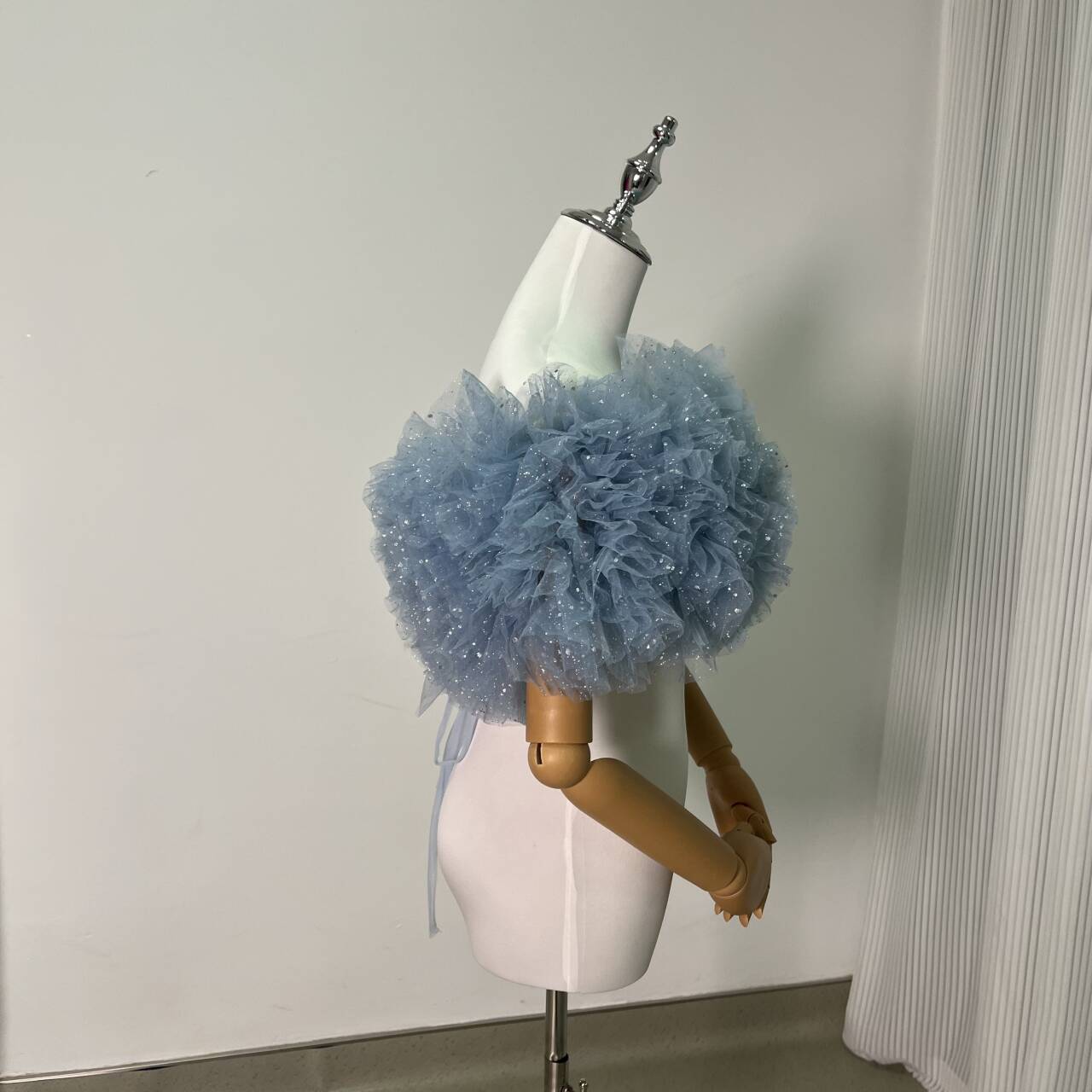 可愛い 薄青 オフショルダー キラキラチュール 編み上げ 前撮り