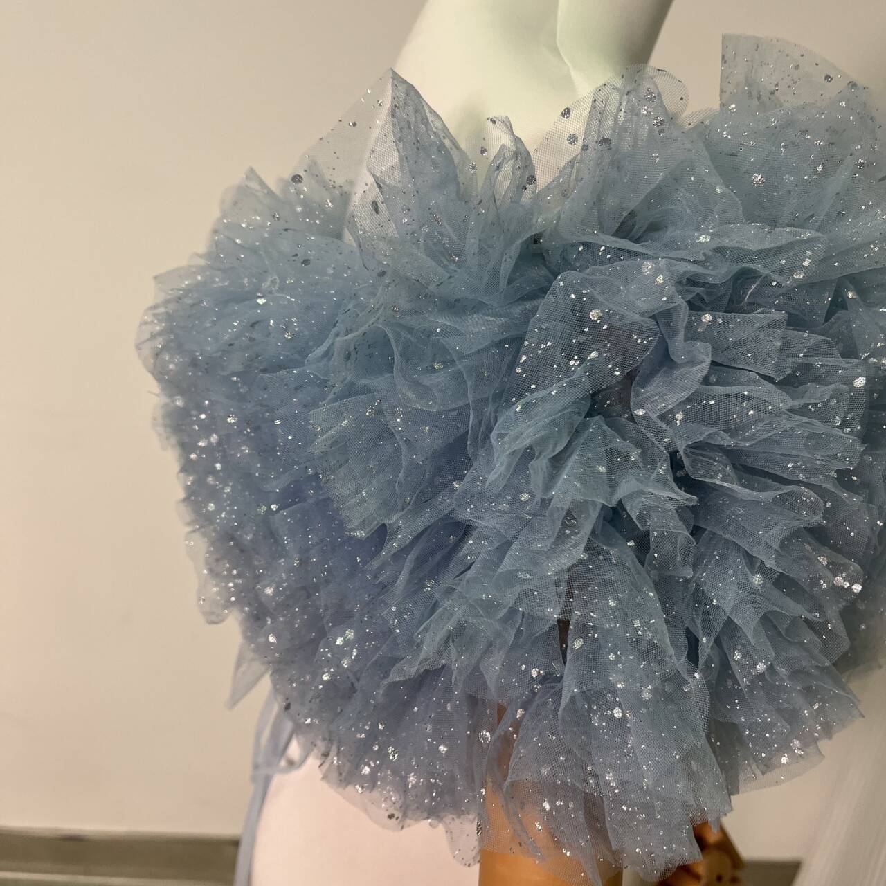 可愛い 薄青 オフショルダー キラキラチュール 編み上げ 前撮り