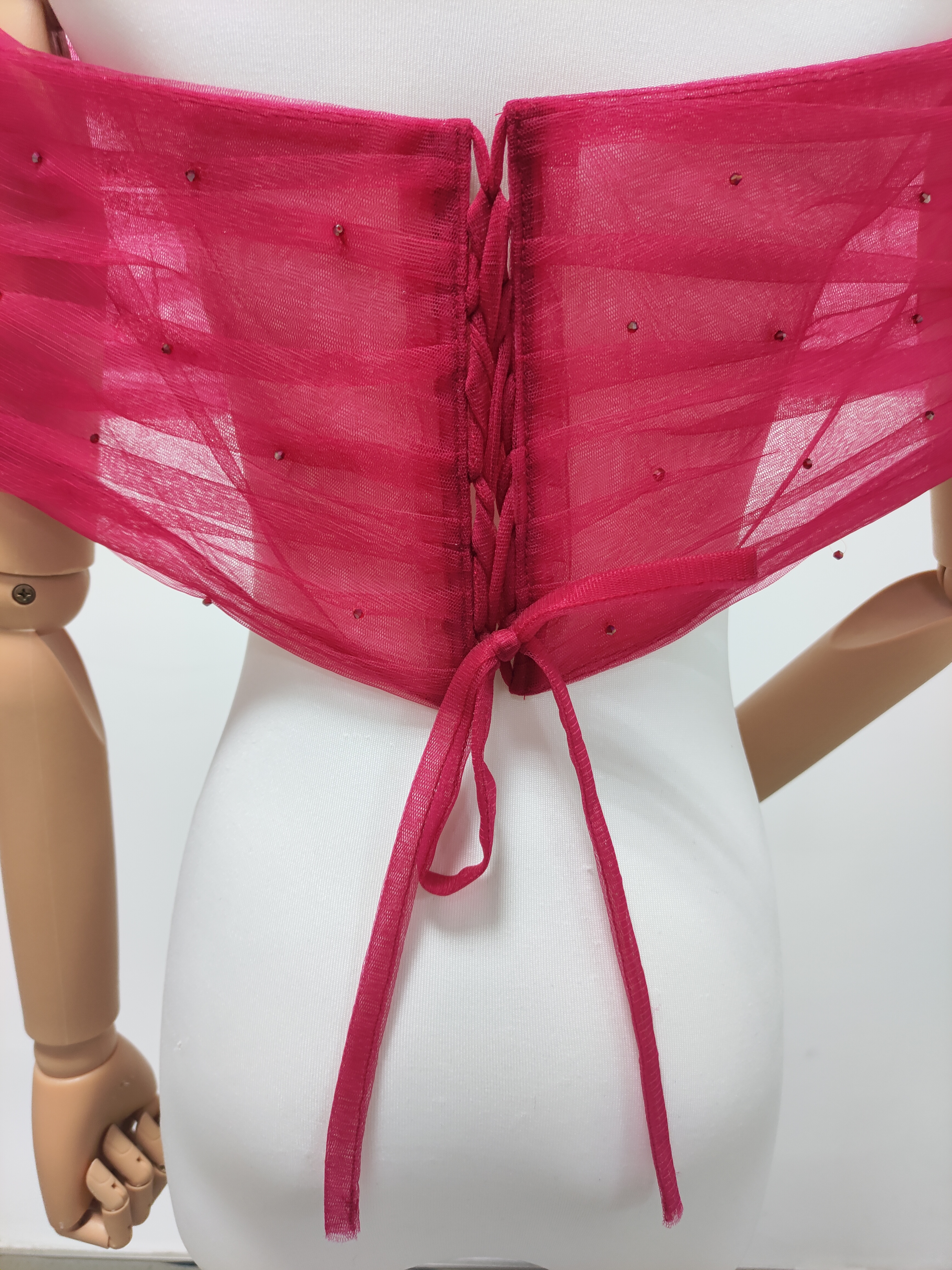 取り外しオフショルダー ボルドー色 編み上げ キラキラのハンドビーディング 色直し 前撮り