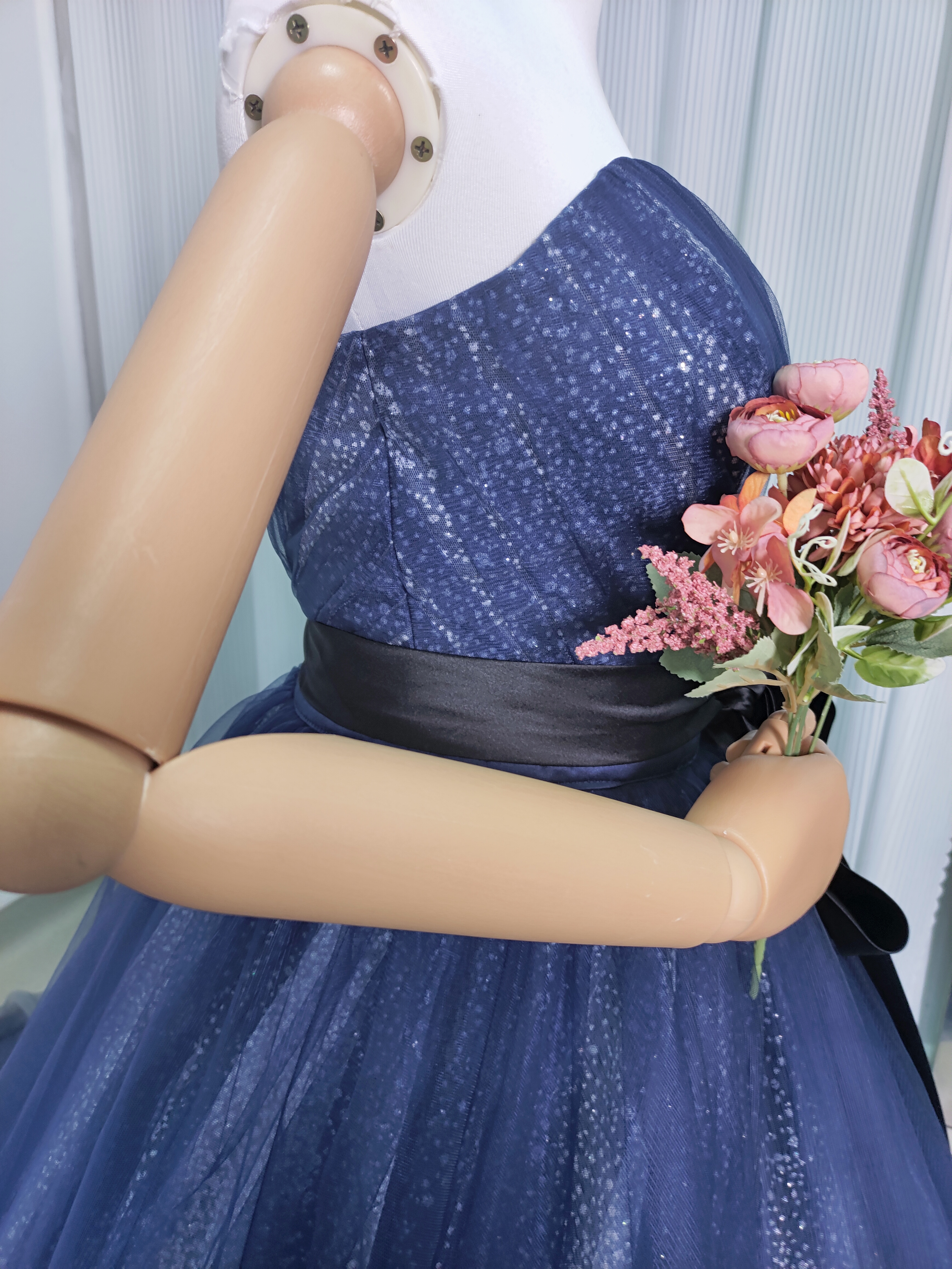 豪華！カラードレス ネイビー キラキラグリッターチュール 豪華なバックリボン ツーピース デザイン感 結婚式