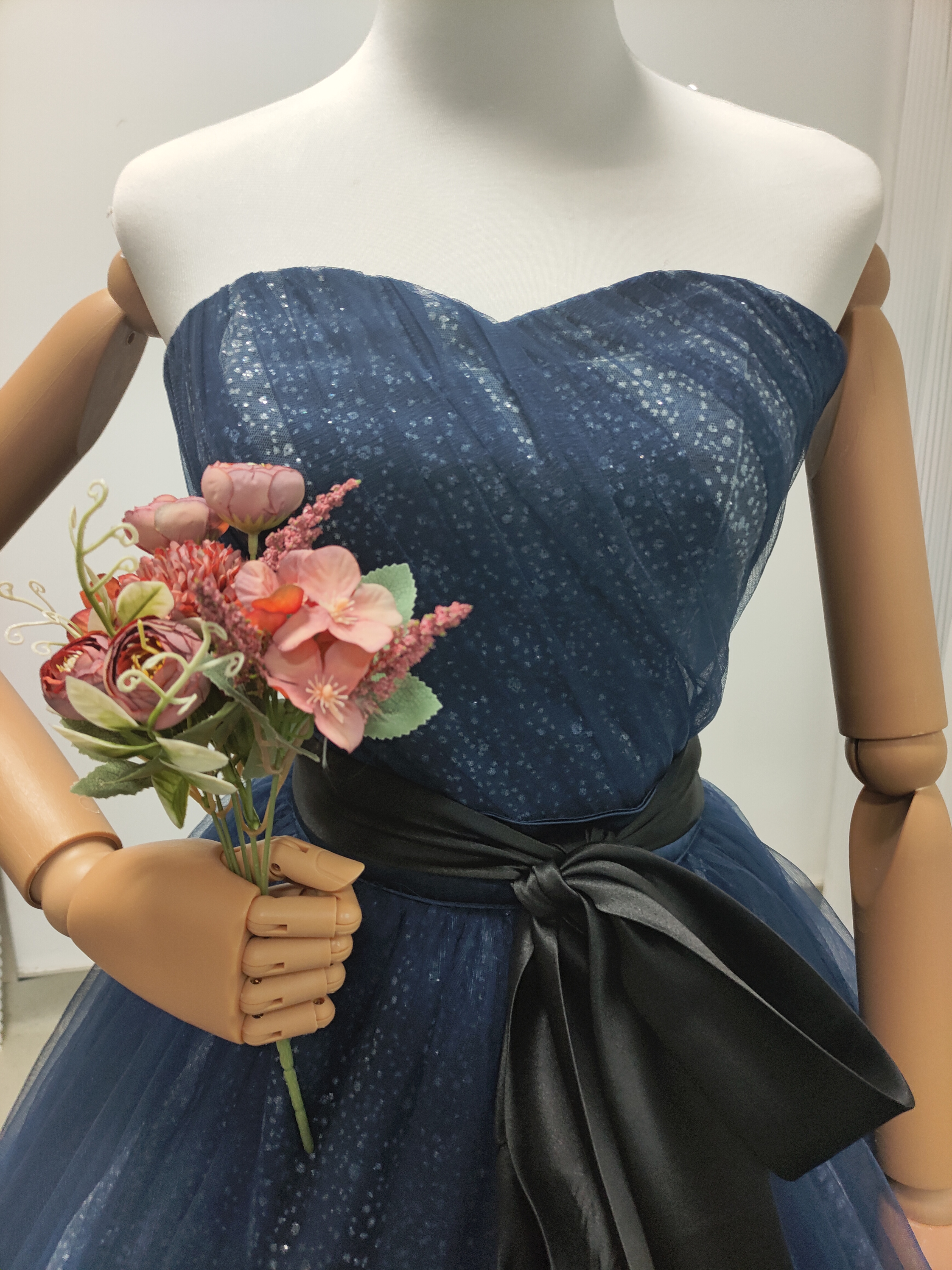 豪華！カラードレス ネイビー キラキラグリッターチュール 豪華なバックリボン ツーピース デザイン感 結婚式