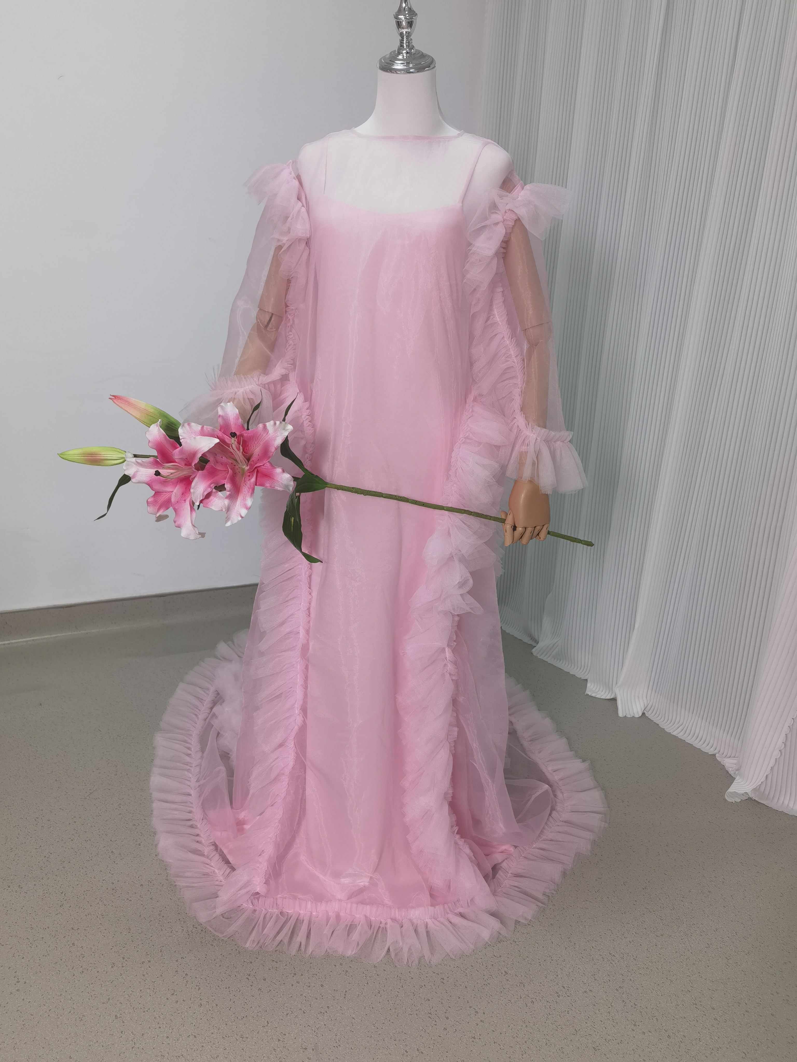  2ways ピンク オーバードレス+キャミソール ラッフルフリル 妊婦 前撮り デザイン感
